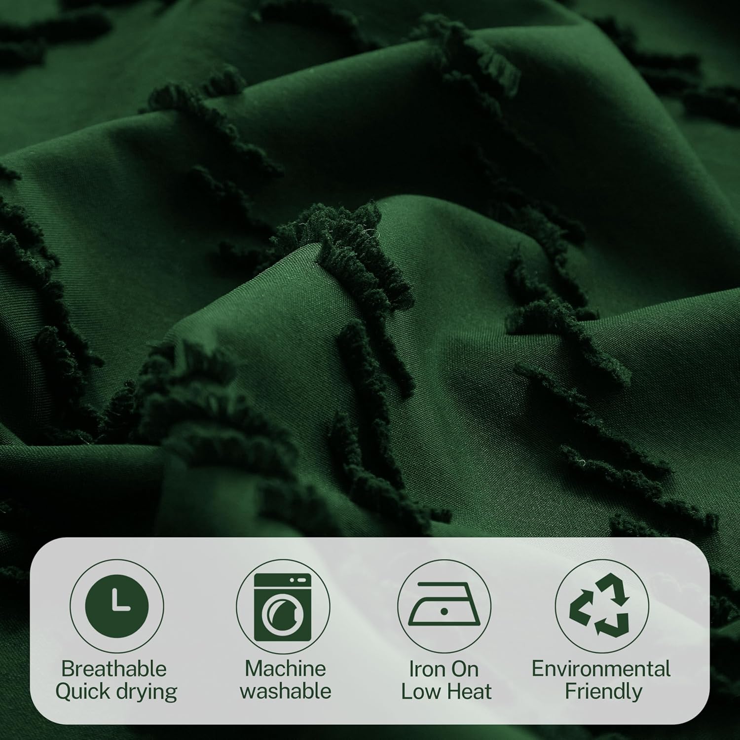 Dark Green Boho Shower Curtain with Snap in Liner Replacement Fabric Shower Curtain 71 x 72 Waterproof & Washable Mesh Top Window Modern Farmhouse Tufted Chevron Textured Striped for Bathroom Hotel