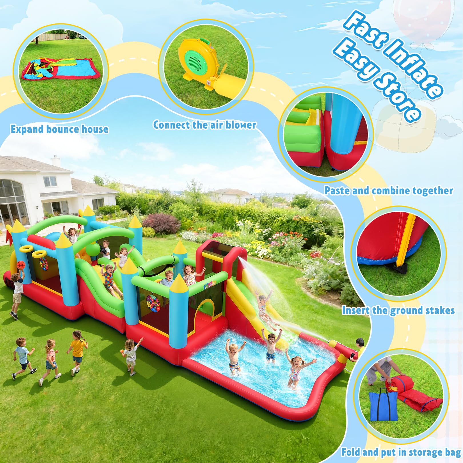 Castello gonfiabile per bambini con scivolo d'acqua da 3 a 12 anni, set combinato gonfiabile per ostacoli e scivolo d'acqua, castello gonfiabile per interni ed esterni (combo gonfiabile collegabile)