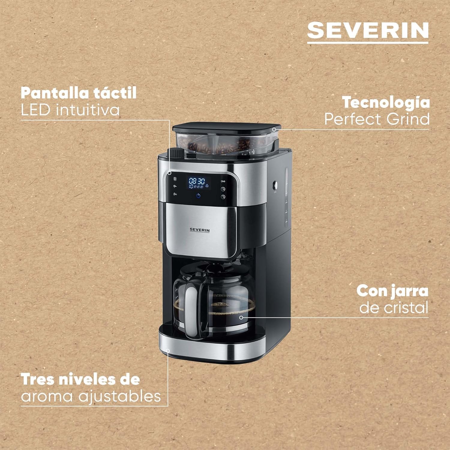SEVERIN - Cafetera de goteo con molinillo hasta 10 tazas, Cafetera de filtro / Cafetera americana con jarra de cristal de 1l, con pantalla LED con temporizador, Acero inoxidable / Negro, KA 4813