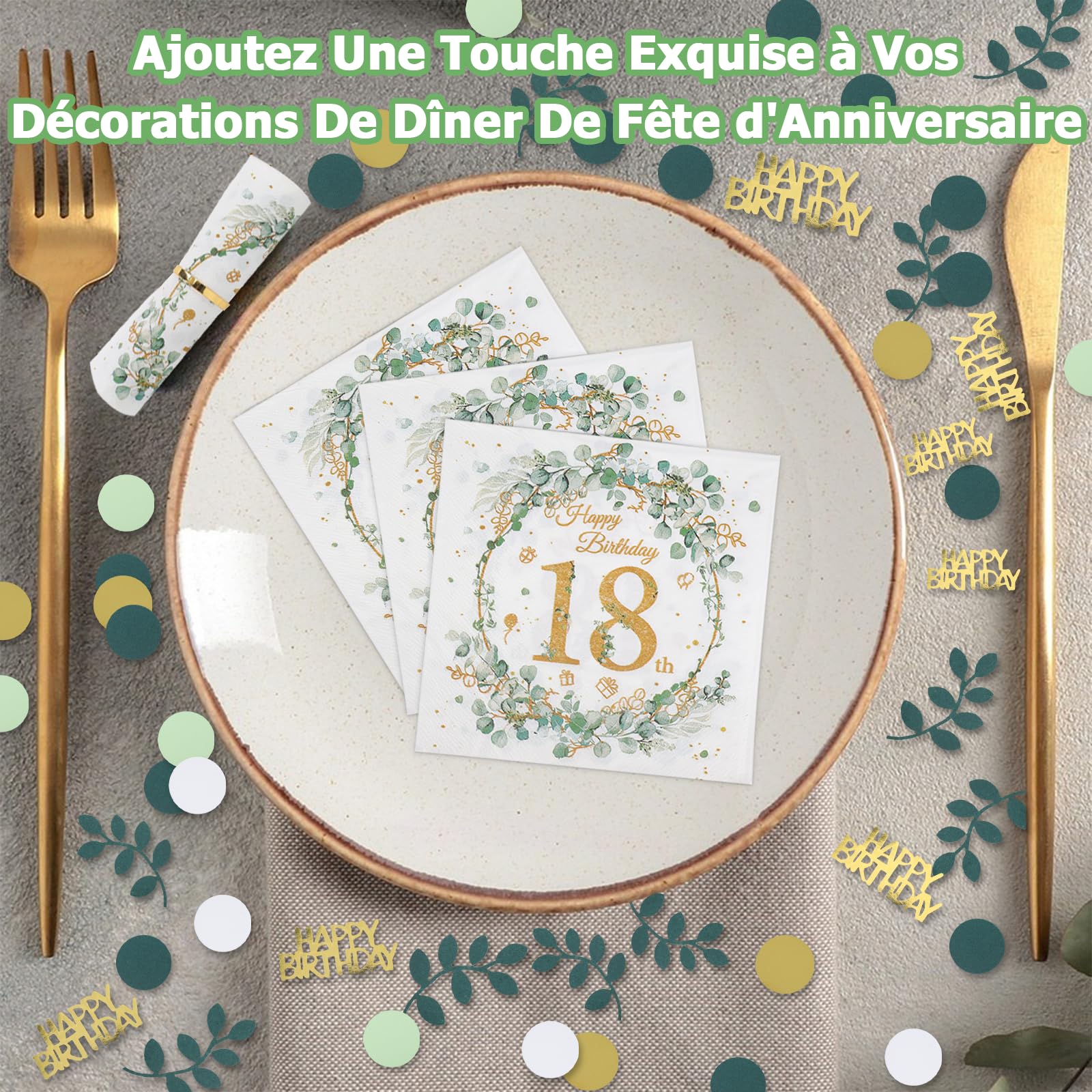 Pack 18e Anniversaire Or & Noir - 20 Serviettes + 12 Lanternes + 500 Confettis Happy Birthday