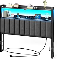 Rolanstar Full Size Headboard with Storage Shelves, 60,000 Color LED Lights, USB/Type-C Ports, Adjustable Height - Black Upholstered