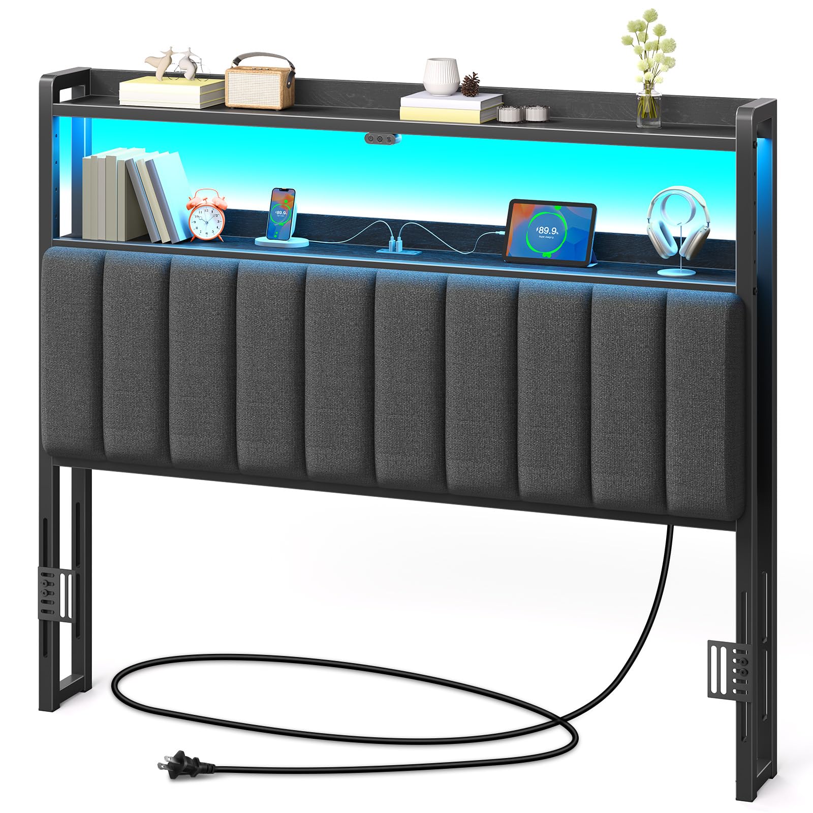 Rolanstar Headboard for Full Size Bed with Storage, 60,000 DIY Color of LED Light, Head Board with USB & Type C Port, Height Adjustable, Black