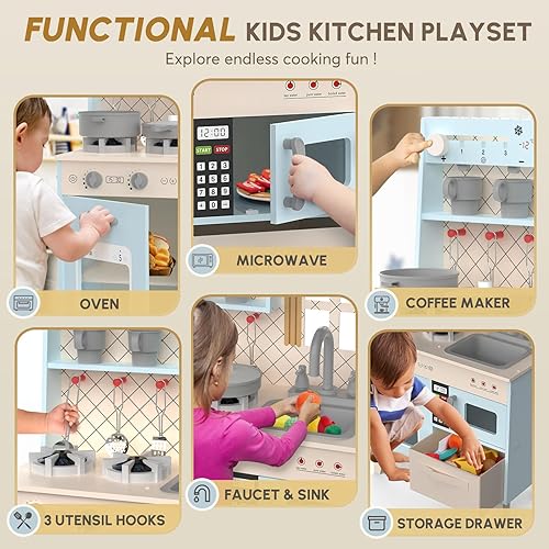 Miniatura 7 de BIERUM Juego de cocina con luces y sonidos realistas, juego de cocina de madera para niños pequeños, cocina de juguete con 26 accesorios de comida y