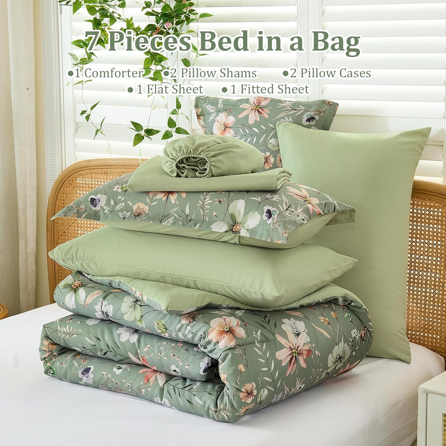 Luxudecor King Floral Comforter Set 7 Pieces,Sage Green Floral Comforter with Sheet Set,Flowers Leaves Pattern Bed in a Bag,Soft Microfiber Bed Set 104"x90" - Image 7