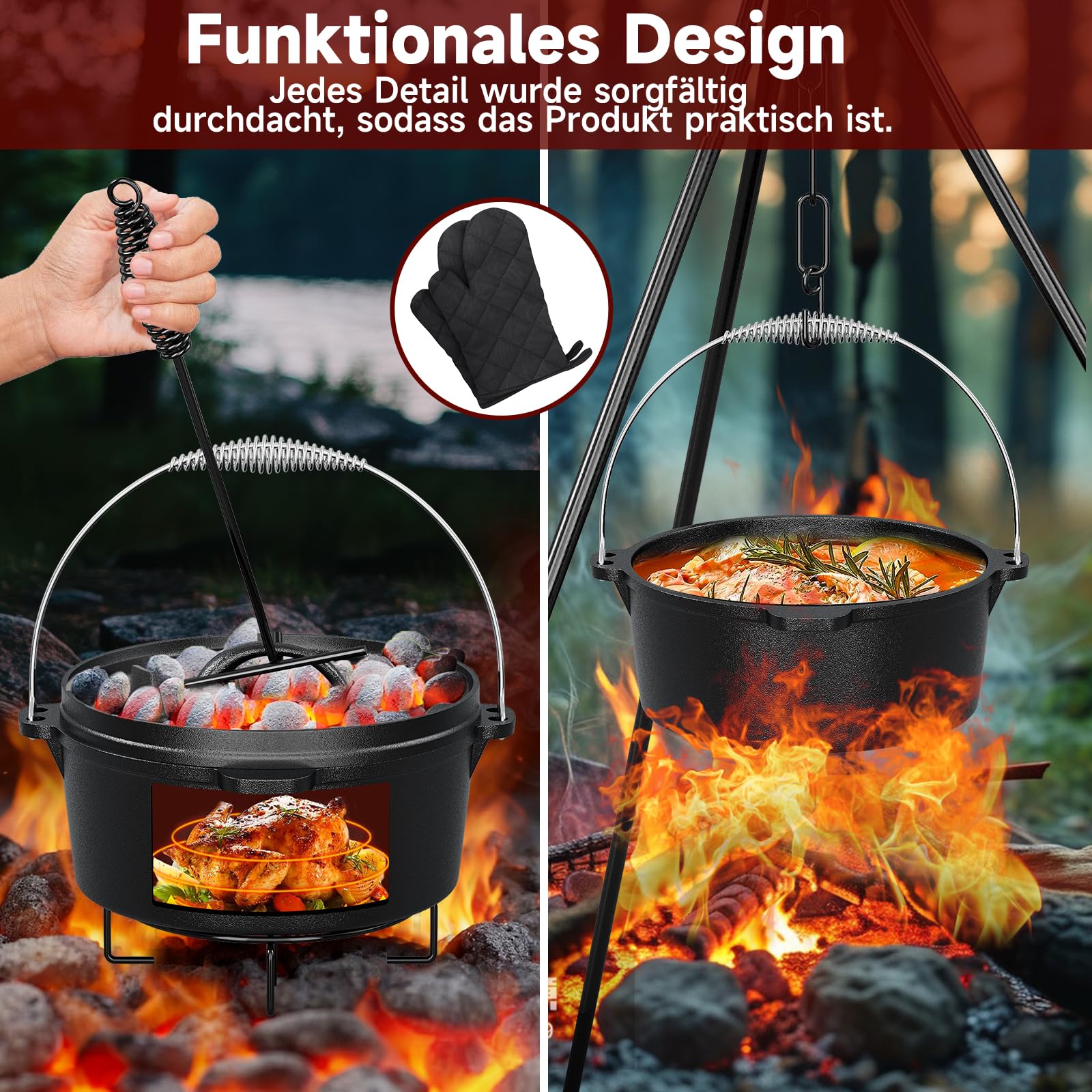 HOMELUX Dutch Oven Set 10-teilig | Gusseisen Camping Kochgeschirr Set mit Grillplatte, Feuertopf, Pfanne, Deckelheber, Untersetzer & Zubehör | Geeignet für Outdoor Grill & Hausküche