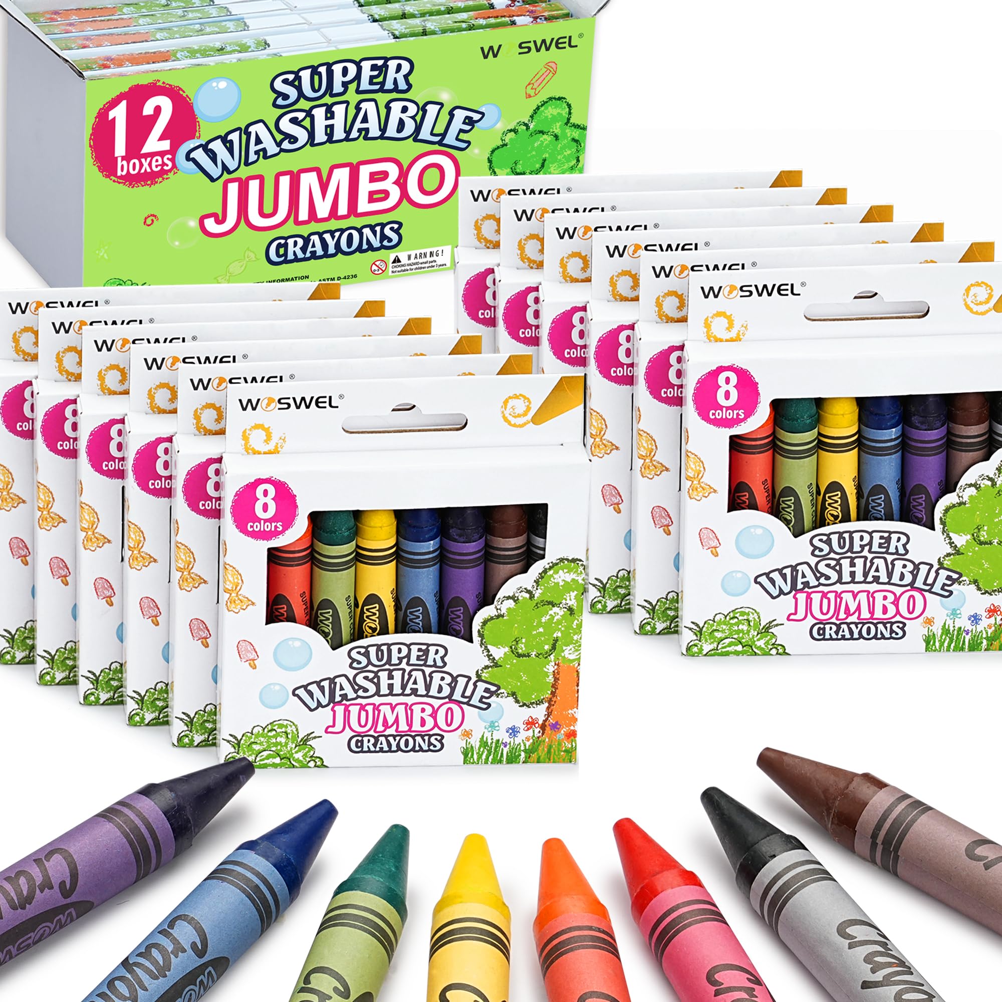 WOSWEL Super waschbare Jumbo-Malstifte, Großpackung, dicke Buntstifte mit 8 hellen Farben, ungiftig, griffig, für Kleinkinder von 1–3 Jahren und Kinder im Alter von 2–4 Jahren, sicheres Kunstzubehör