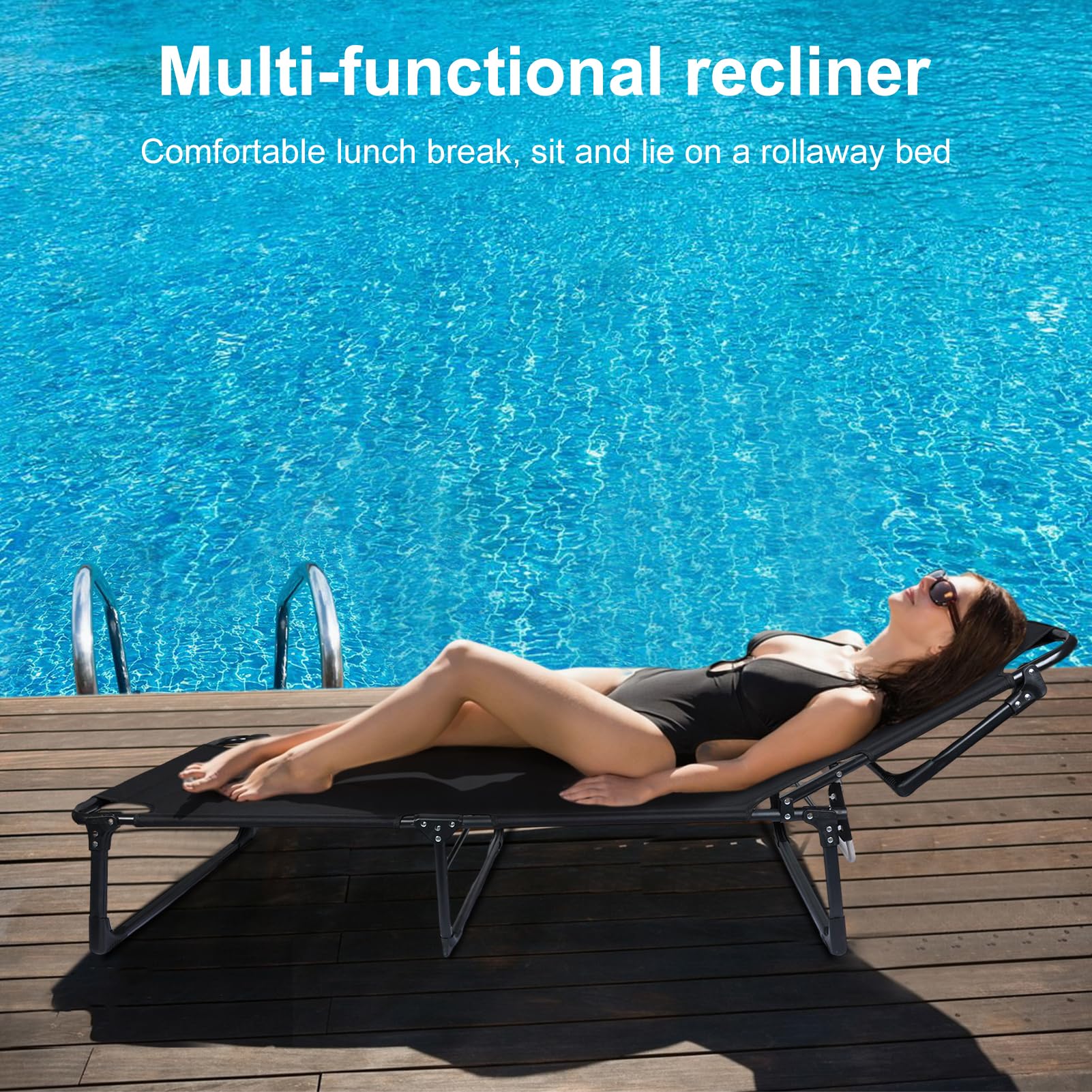 lit pliant 1 personne,Camping lit de bébé,réglable 4-position adultes s'étendant chaise pliante avec oreiller,chaise longue extérieure de bébé, parfait pour le bureau,piscine,plage,patio (noir)