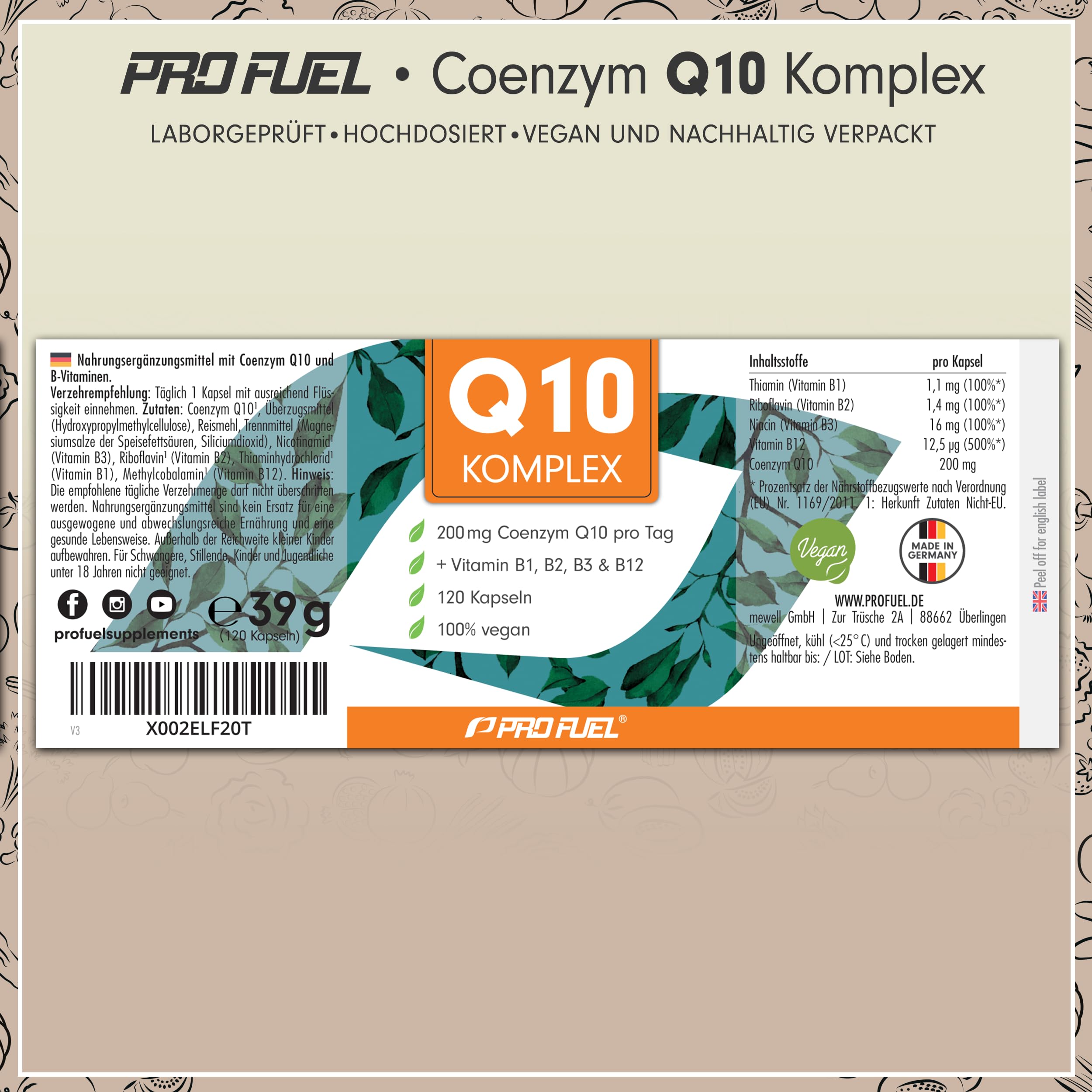 Q10 Kapseln hochdosiert 120x - Coenzym Q10 KOMPLEX mit 200mg Coenzym Q10 + Vitamin B1, B2, B3 und B12 - Energiestoffwechsel & Herzfunktion - laborgeprüft mit Zertifikat - Vorrat für 4 Monate