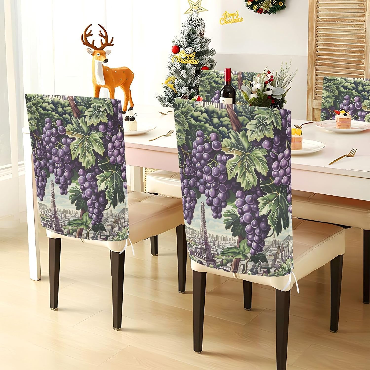 ALAZA Wine Grapes Paris View Chair Back Cover Set of 6, Washable Reusable Removable Chair Slipcovers Decorative Chair Cover for Home Kitchen Wedding Party