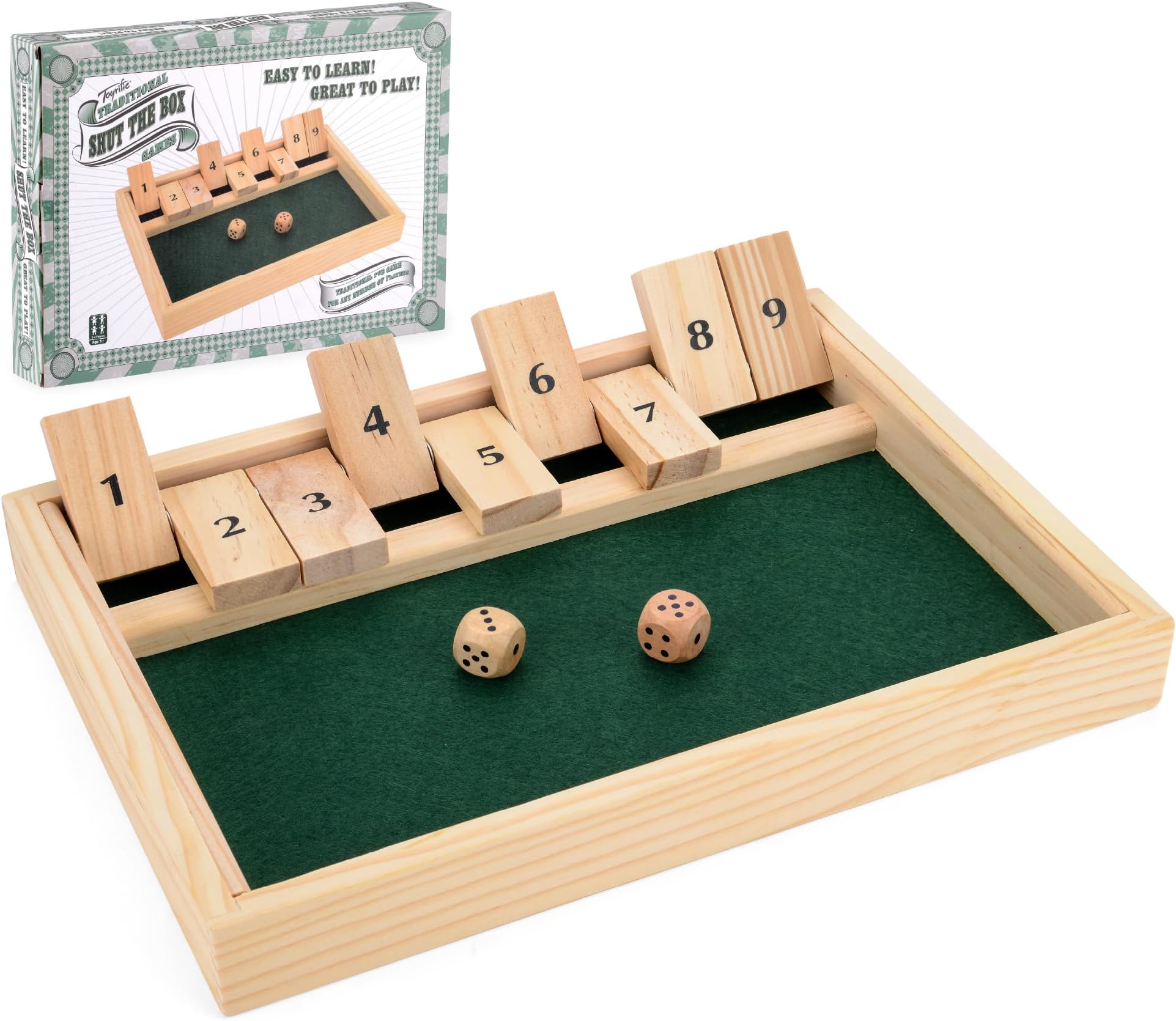 Toyrific Shut The Box Game for 2 Players, Wooden Table Dice Classic Kids Family Travel Game