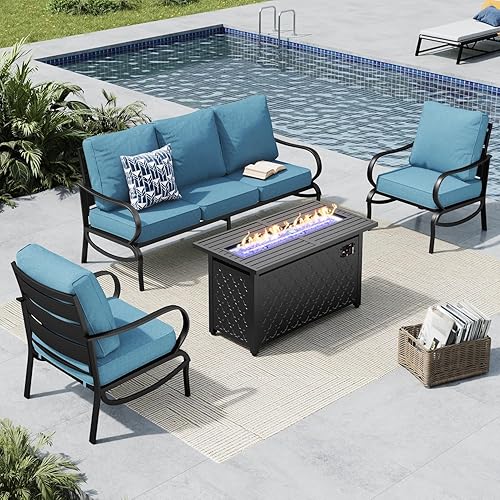 Miniatura 36 de MFSTUDIO Juegos de muebles de patio con mesa de fogata de gas de 45 pulgadas, 8 piezas de conversación de metal para exteriores con 1 sofá de 3