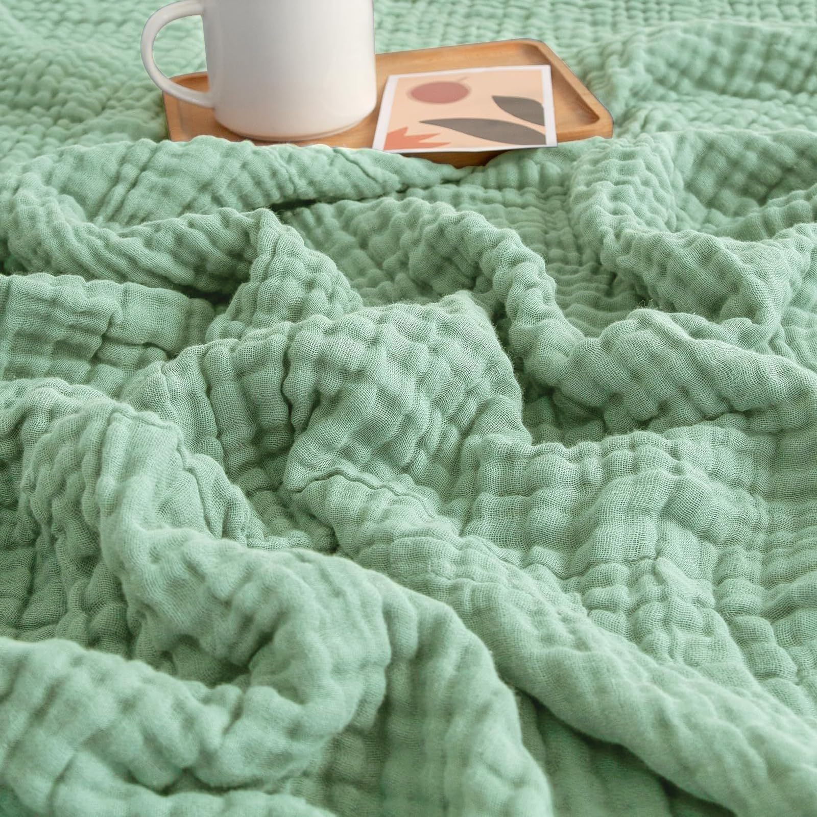 Yunlaishaocer Coperta in Mussola 150x200cm,100% cotone Mussola per Adulti,6 Strati Coperta Estiva in mussola,per Letto e Divano, Coperta per Tutto l'anno (Verde Scuro)