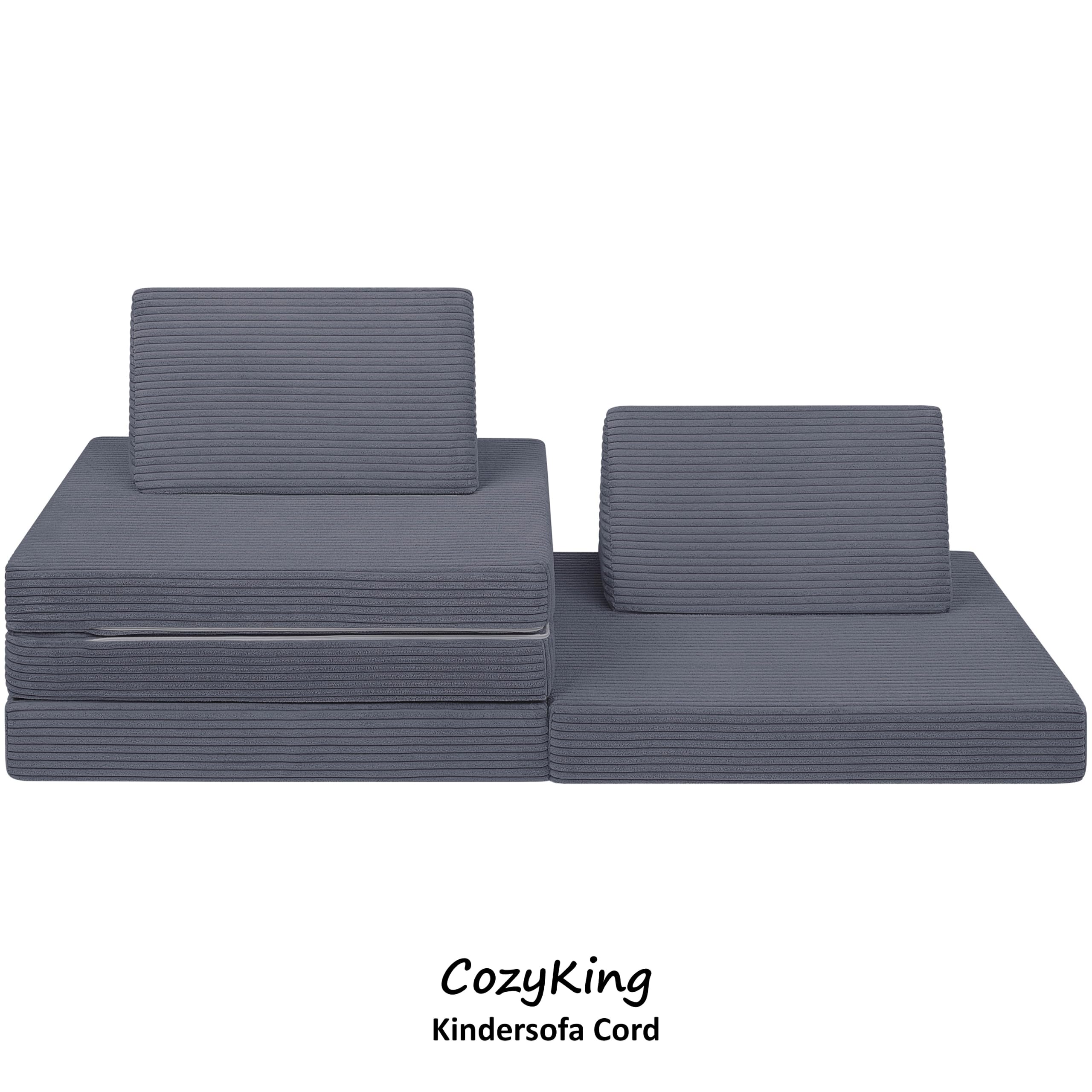 CozyKing Kindersofa in Cord grau – Weiches Spielsofa für Kinder mit abnehmbarem & waschbarem Bezug – Vollschaumkern, atmungsaktiv, Made in EU, ideal fürs Kinderzimmer