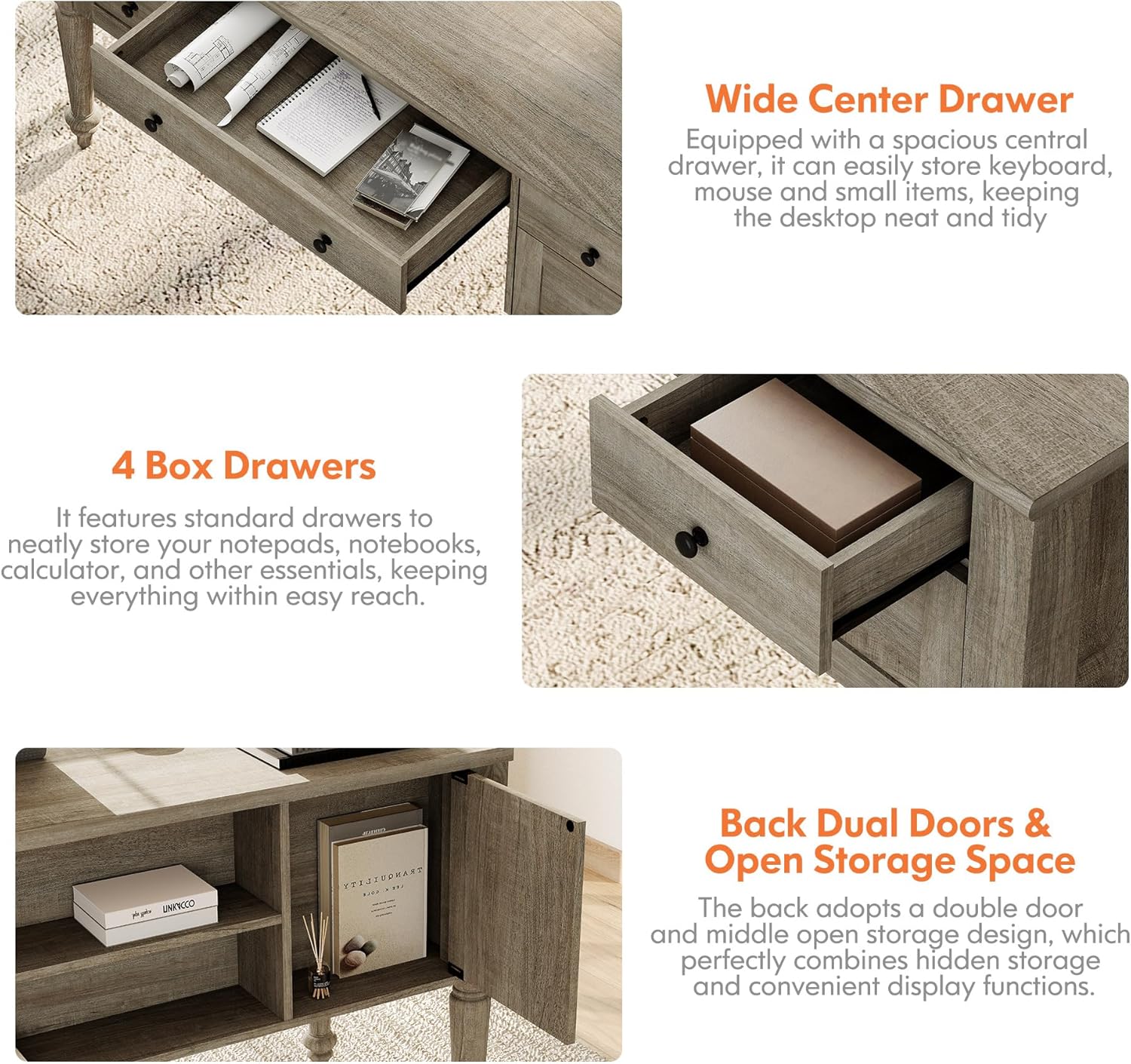 WAMPAT Home Office Furniture Set, 56'' Executive Desk with Charging Station, 72" Tall Bookcase with 4 Doors and 2 Drawers, Wood Computer Desk with File Cabinet Storage, Open Shelf, Wash Grey