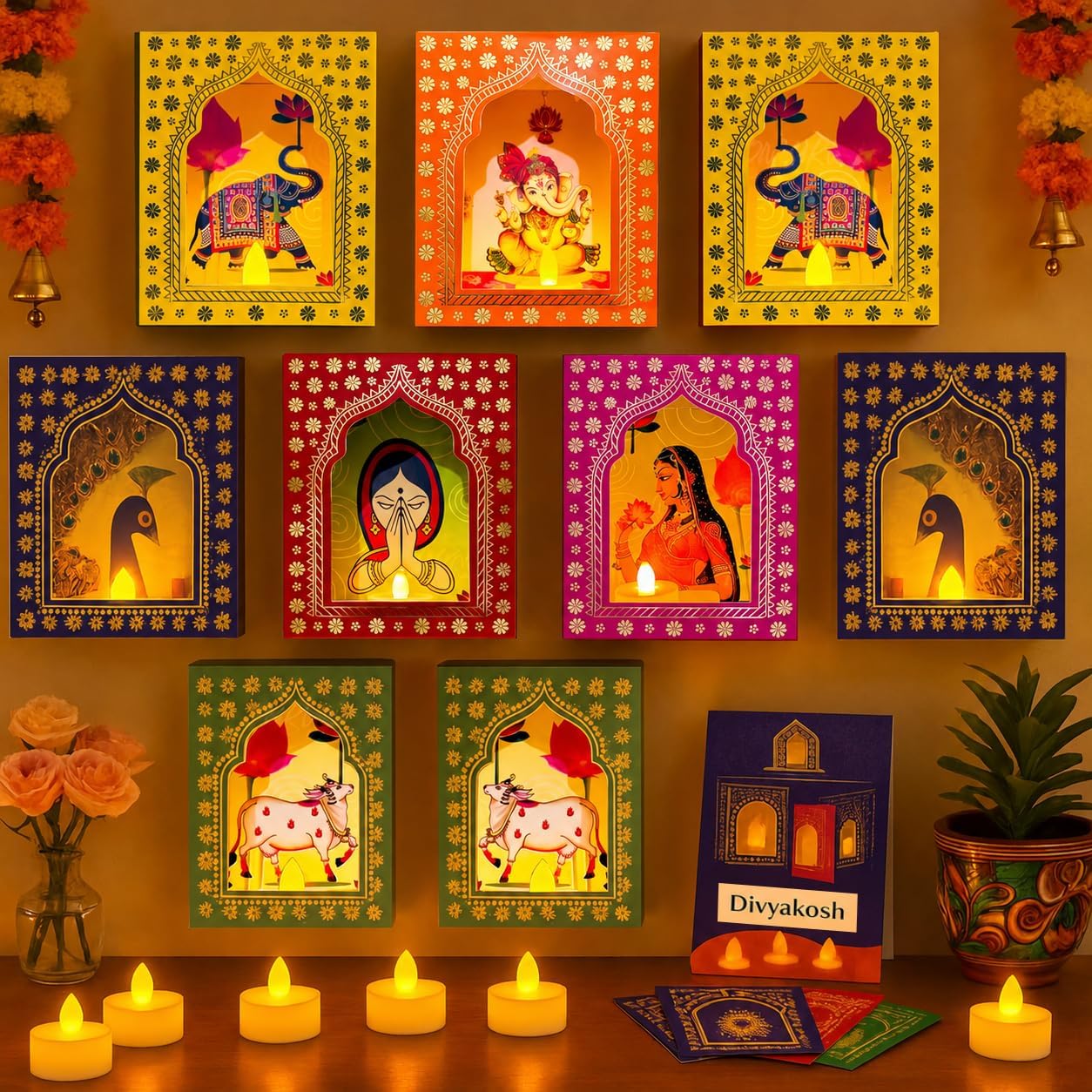 Divyakosh Paper Jharokha Diya Set (Pack of 8) with LED Candles | Wall Decor, Home Décor Item, Ganpati Diwali Decor, Pooja/VaraMahalaxmi Decoration | Stairs Decoration, Easy DIY Craft |