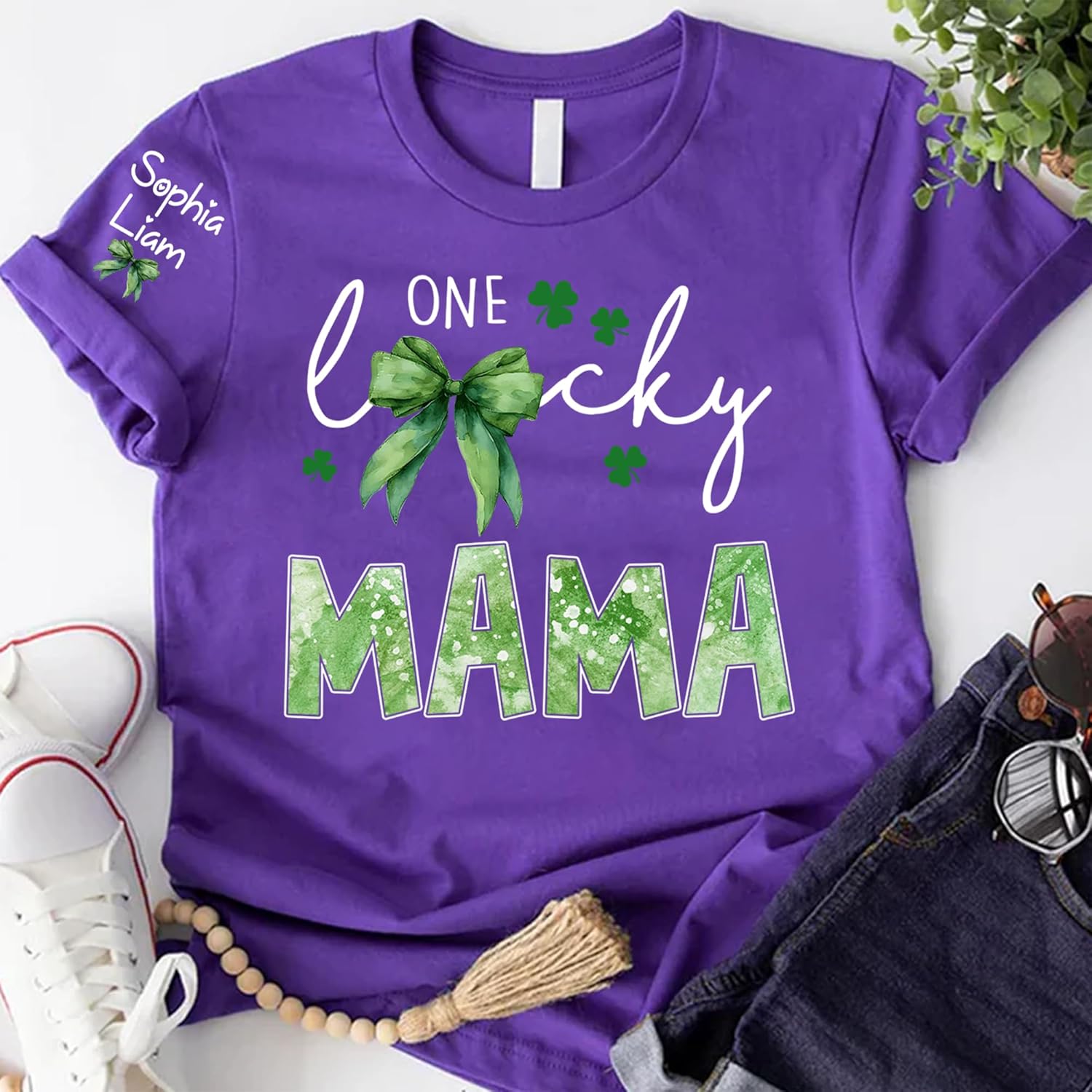 Personalized One Lucky Family Shirt for Mom Grandma Nana Mimi Gigi with Custom Name Sleeve Shamrock T Shirt - Image 6