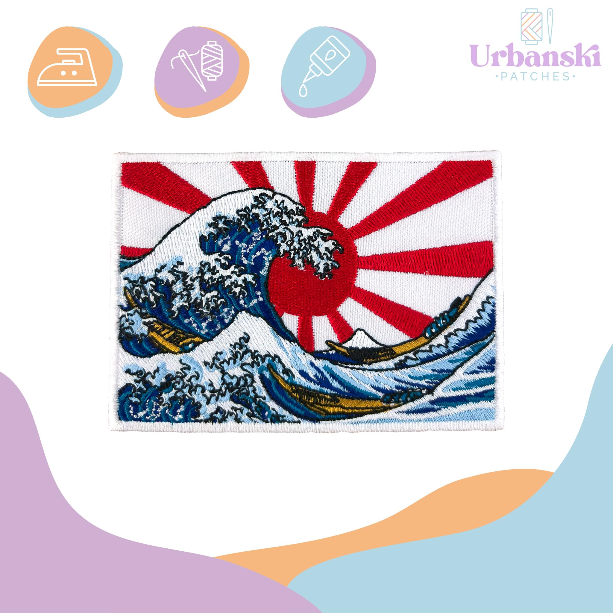 Urbanski Patch The Great Wave off Kanagawa con bandiera giapponese toppa ricamata termoadesiva 9 x 7 cm | Applicazione da stirare o cucire