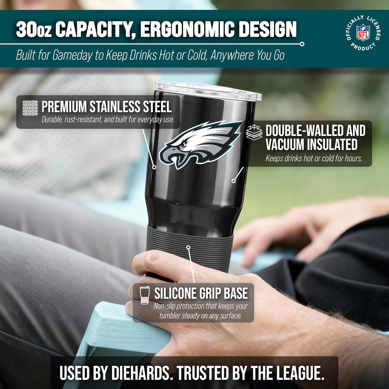 Team Fan Apparel NFL 30oz Gameday Stainless Steel Tumbler, Insulated For Hot & Cold, Slider Lid, Silicone Grip, Officially Licensed (Philadelphia Eagles - Black) - Image 3