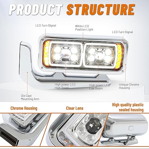 Miniatura 4 de KUAFU Faros delanteros LED DRL con brazos de montaje compatibles con Peterbilt 357 359 365 367 378 379 389 567 con arnés y bombillas carcasa cromada