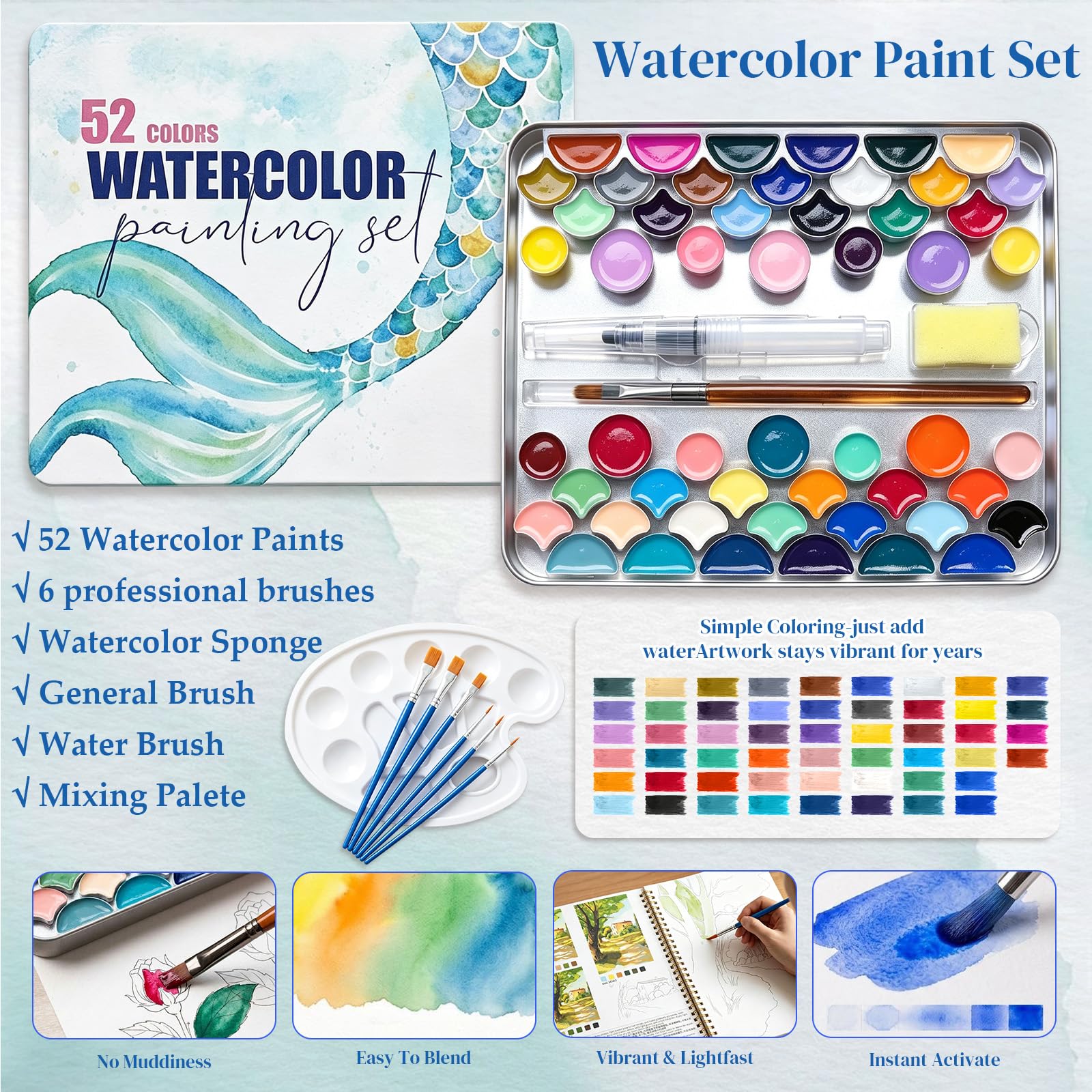 Watercolor Workbook Kit - 52 Colors, 7 Brushes -3