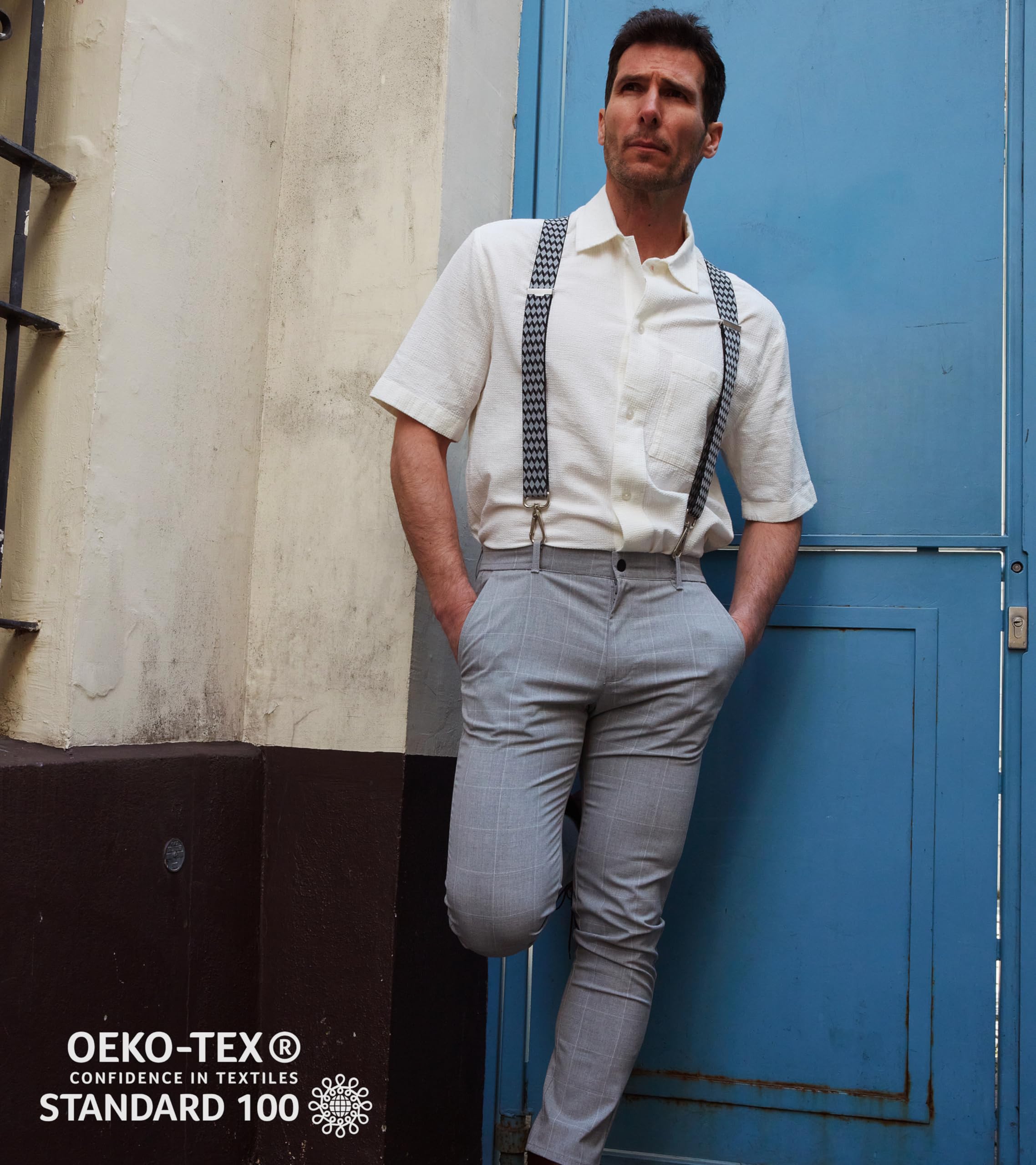 PIERROT Bretelles à Mousquetons Homme Larges Premium Made in France - Taille Unique Ajustable Elastique Confortable Renforcé et Finitions en Cuir - Mousqueton Ultra Résistant