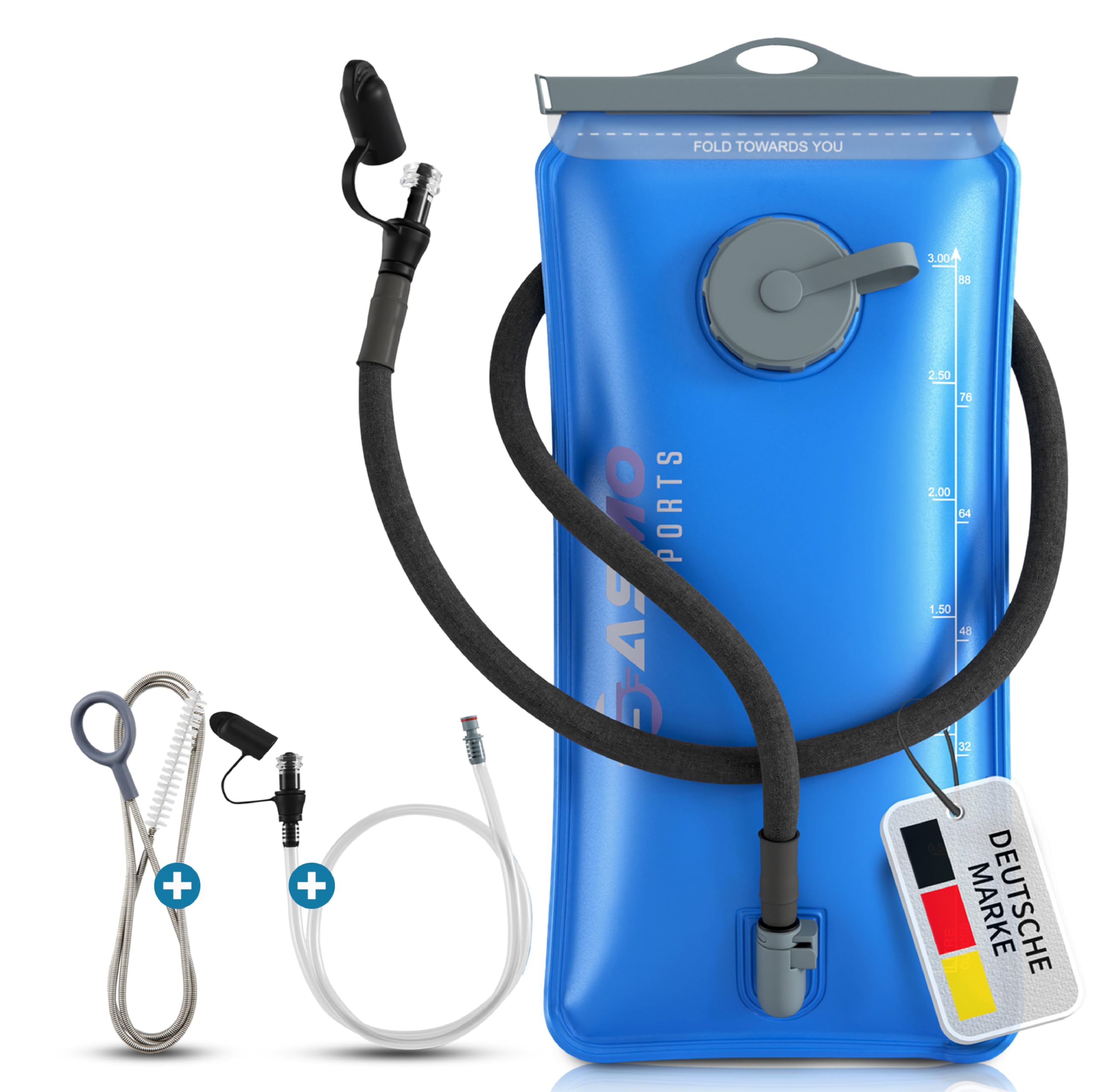 SASMO Bolla d'acqua da 2 l e bolla per bere da 3 l con 2 aperture, rinforzata con materiale resistente agli strappi, 2 l, borsa per zaino con tubo, ultraleggera, zaino per bolla d'acqua, escursionismo