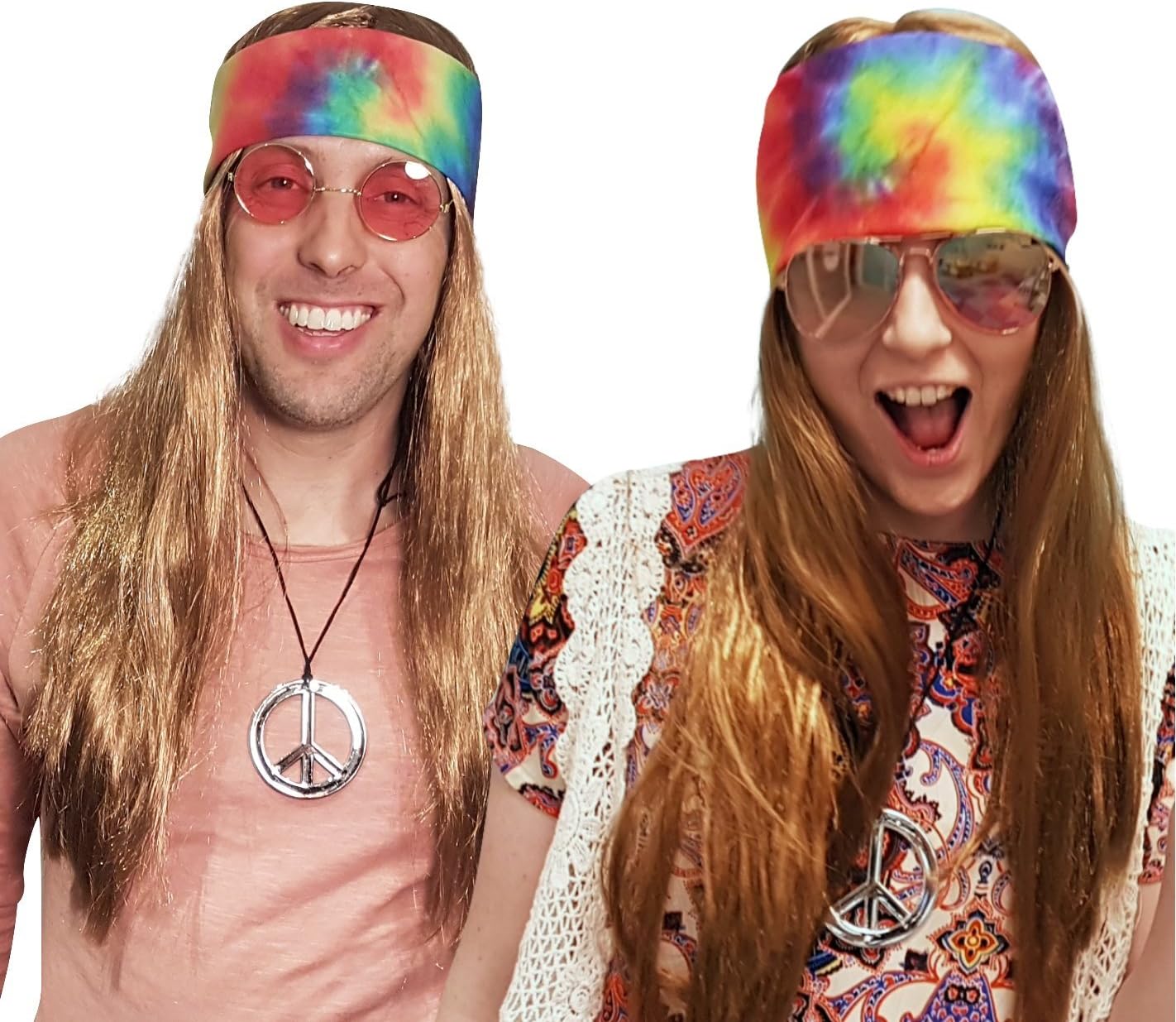 Adult Hippie Wig Costume with Tie Dye Bandana 60s 70s Hippy Woodstock Festival Gear