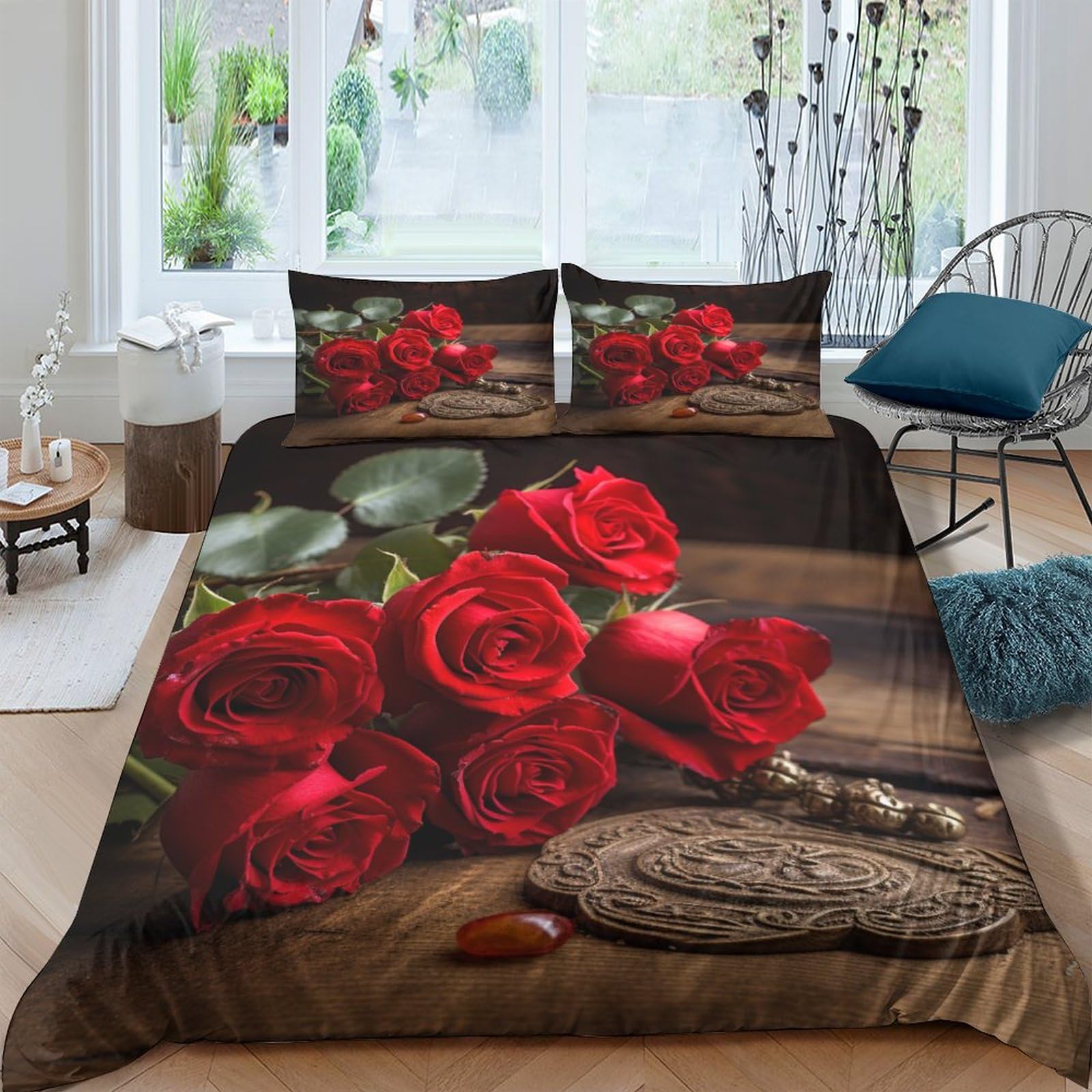 Parure de lit 200x200cm IOFEER avec housse de couette en microfibre et taies roses à fleurs