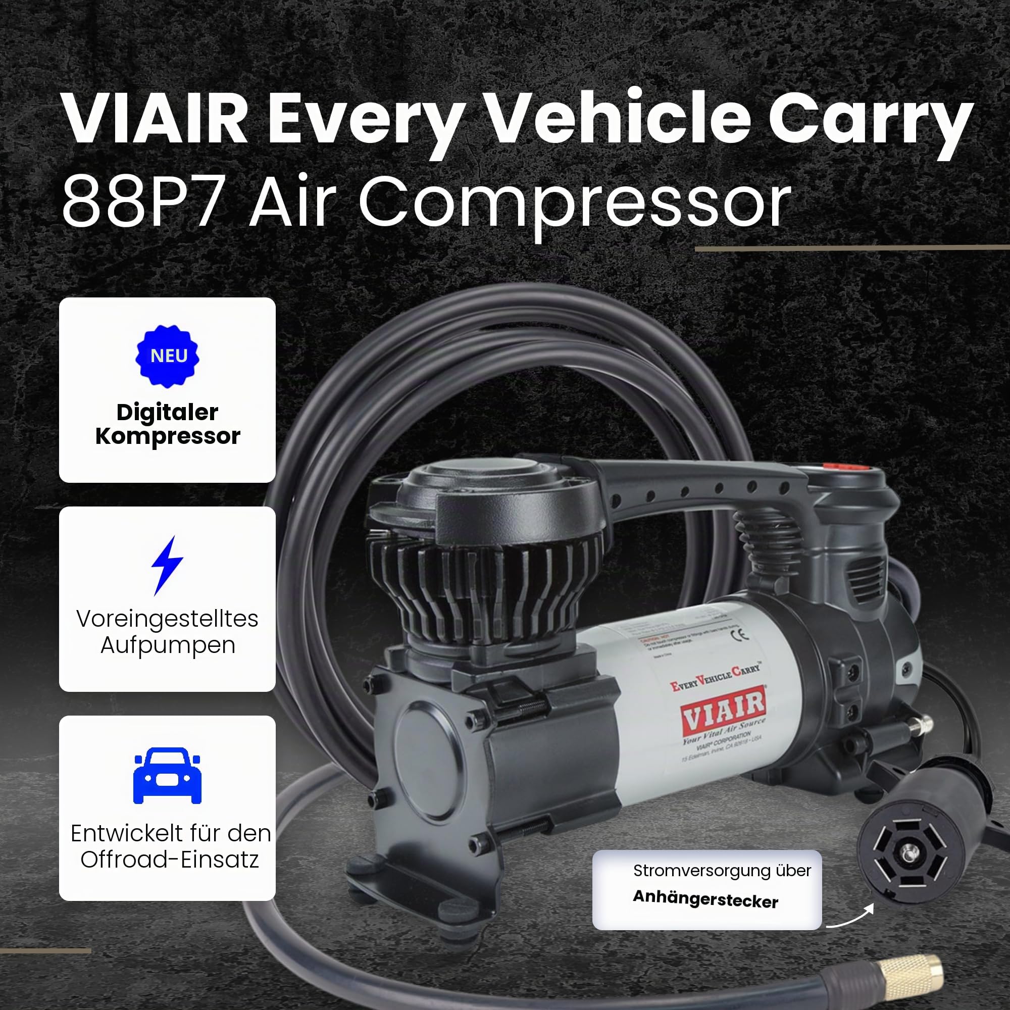 VIAIR Digital EVC88P7 Tragbarer Luftkompressor-Reifenfüller für Auto, LKW, SUV und Wohnmobil, voreingestellte automatische Abschaltfunktion, 7-Wege-Anschlussstecker