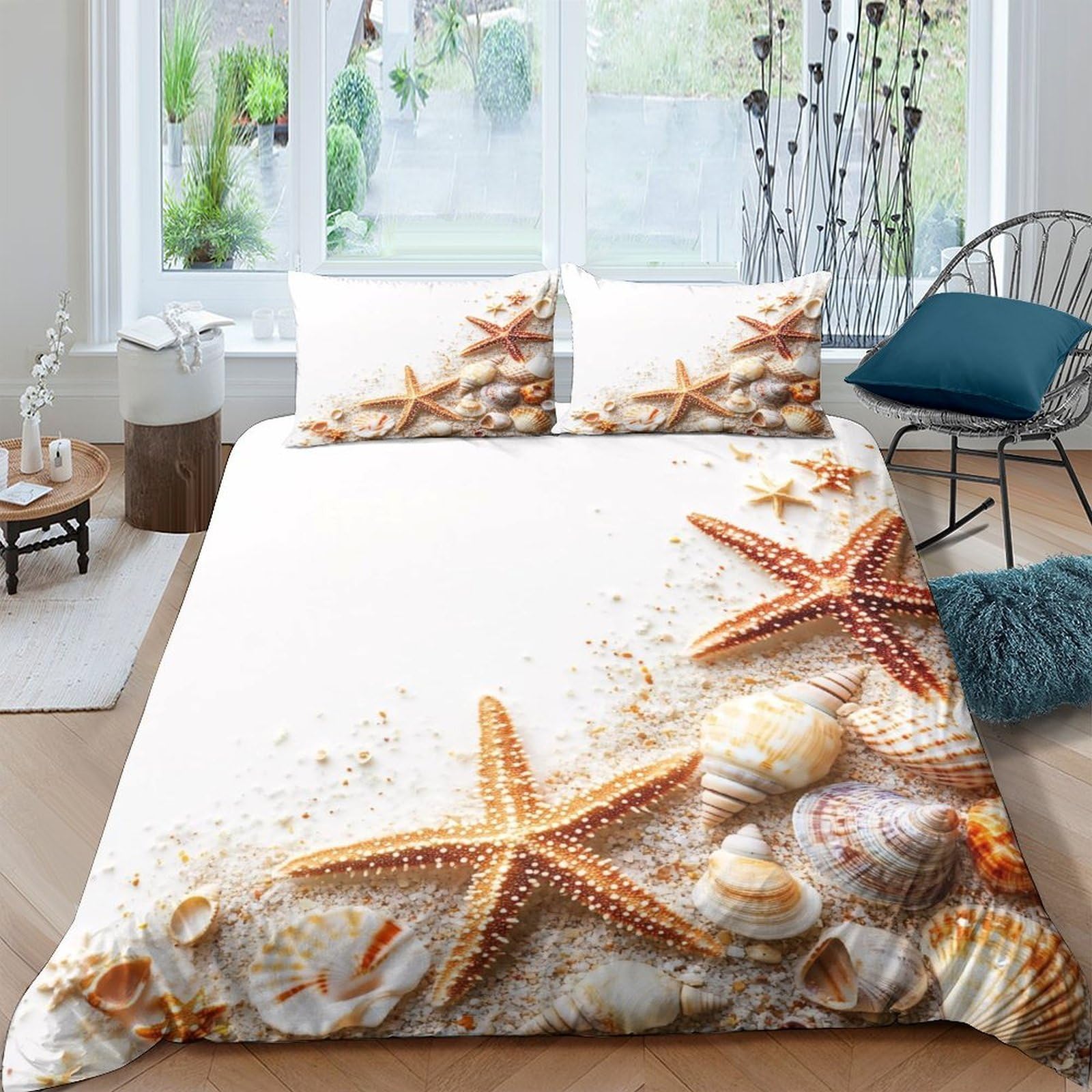 Ctjqhvkz Style-4 3D Printed Starfish Beach Fitted Sheet Microfiber Soft Sand Shells Bed Cover For Bedroom Guestroom Dorm Decor Easy Care Single（135X200cm）