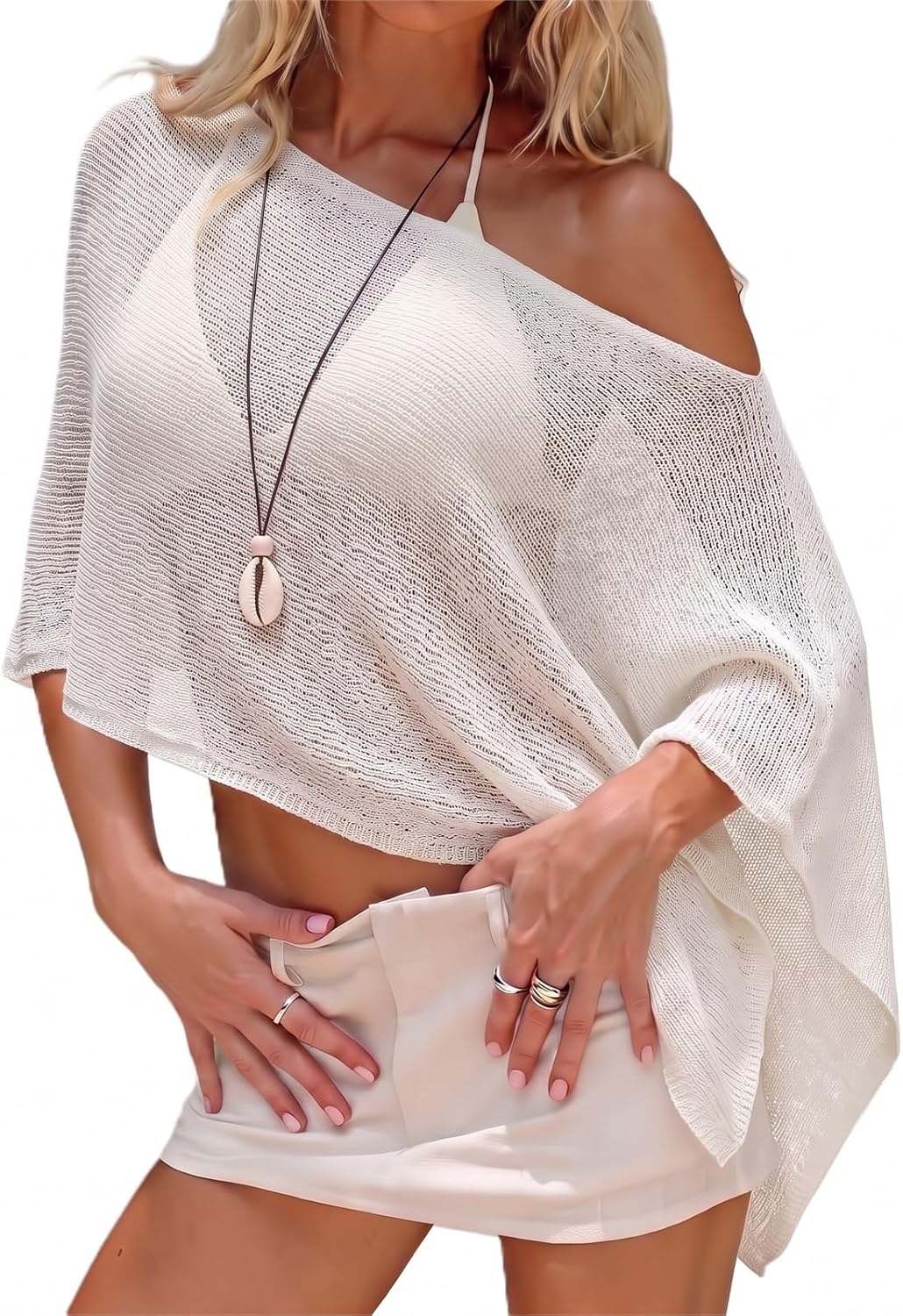 HengShunRui Women's Sheer Poncho Top Y2K Knit Crochet Cover Up