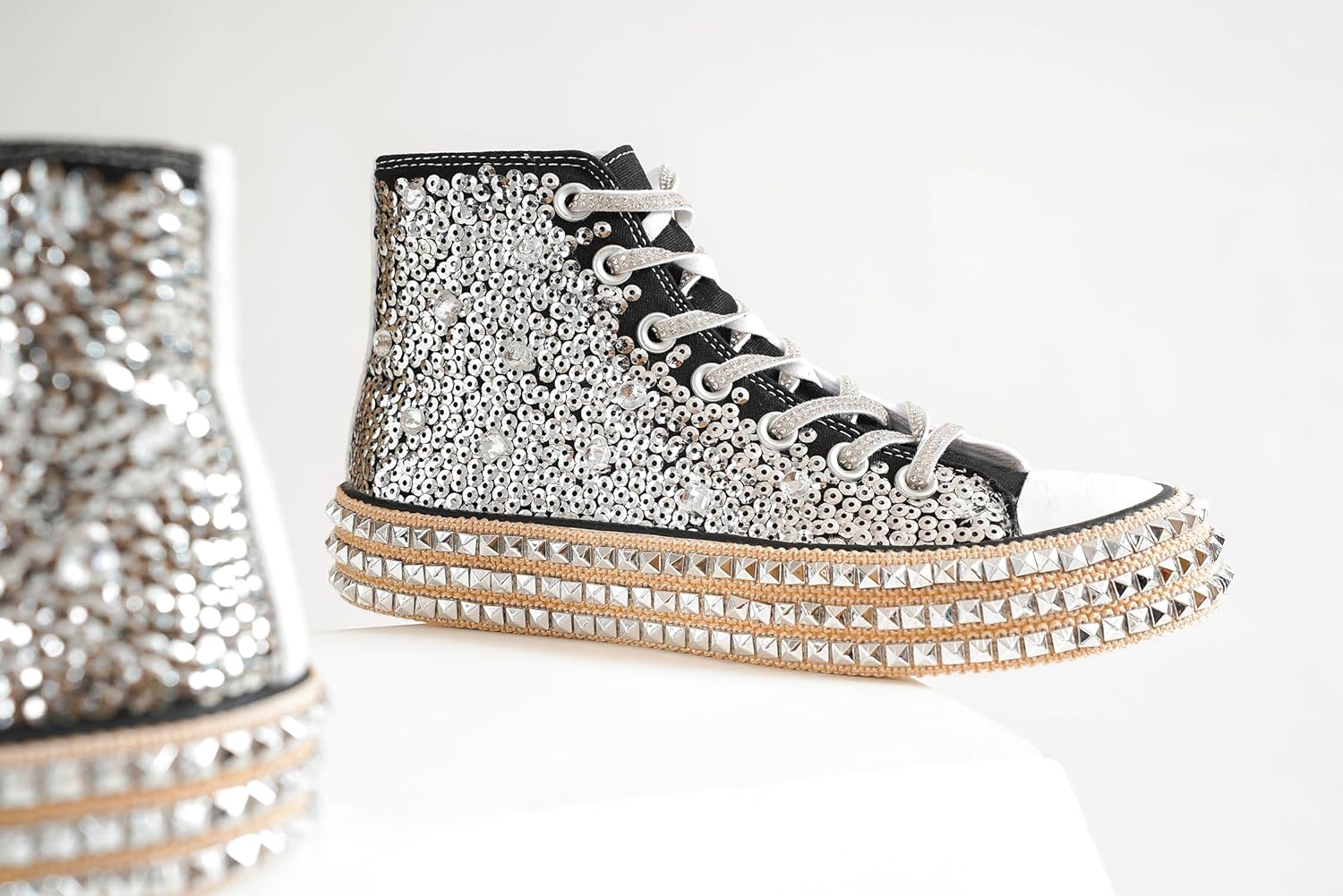 Womens Lace-up High-Top Canvas Sneakers Studded Rhinestone Side Shoes Lace-up Fashion Shoes Casual Platform Boots - Image 4