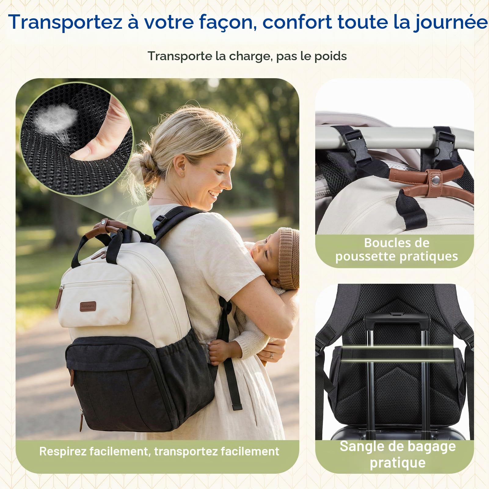 mommore Sac a Langer Bebe Grande Capacité – Inclut un Matelas à Langer, Sac pour Bébé Robuste avec Attaches pour Poussette, Sac à Dos à Langer de Voyage Imperméable pour Les Parents, Noir