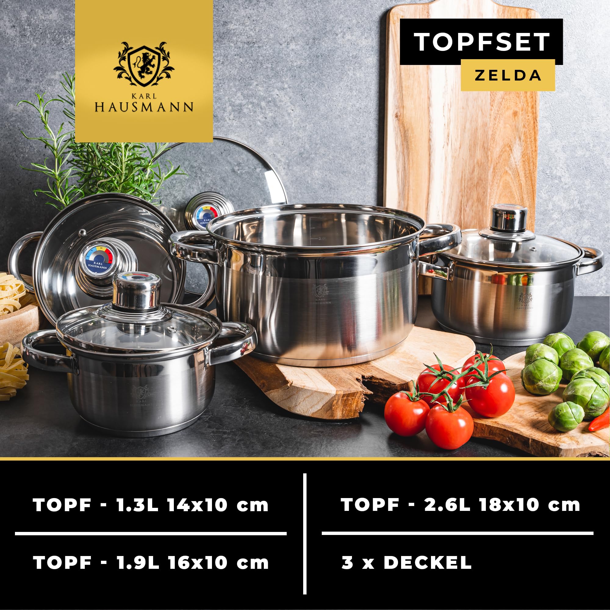 KARL HAUSMANN Topfset Induktion Edelstahl 4-Teilig mit Thermometer Deckel - Kochtöpf für Alle Herdarten, Kochtöpfe Set Küche, Töpfe mit Glasdeckel, für Alltag, Gas, Ceran, Elektro