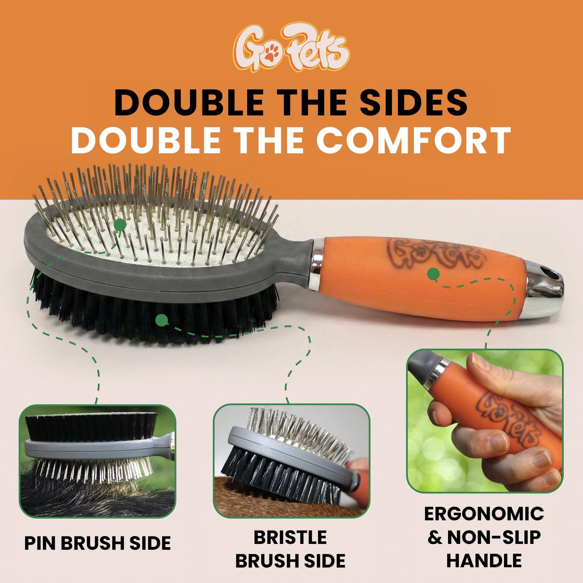 GoPets Double-Sided Pin & Bristle Brush – Grooming Tool for Dogs & Cats for Detangling, Shedding Control, Slicker Brush for Long-Haired Pets, Fur Removal for Healthy Coat, Ergonomic Handle Product Image 3