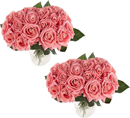 Miniatura 2 de Pure Garden Paquete de rosas artificiales abiertas, 2 racimos de 18 piezas, 36 flores falsas de tacto real de 11.5 pulgadas con tallos para