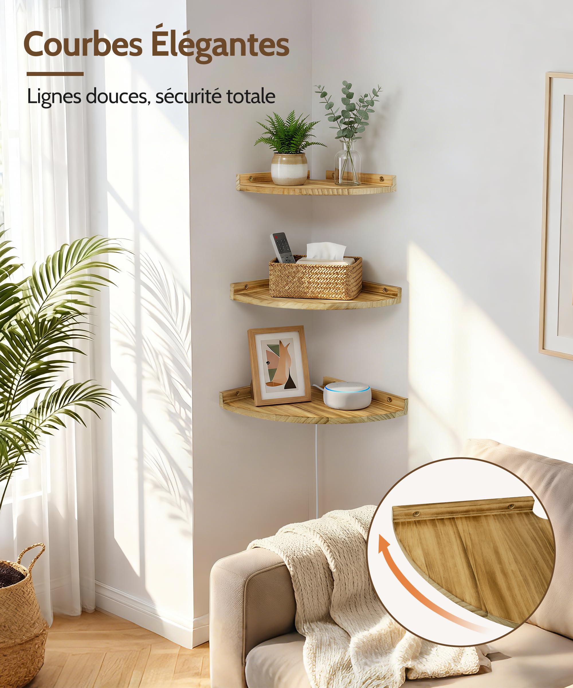 Étagères d’Angle Murales en Bois Style Vintage pour Salon Lot de 3 | Tablettes indépendantes suspendues, Passe-câble arrière,pour plantes, cadres et déco, salle de bain, cuisine, chambre