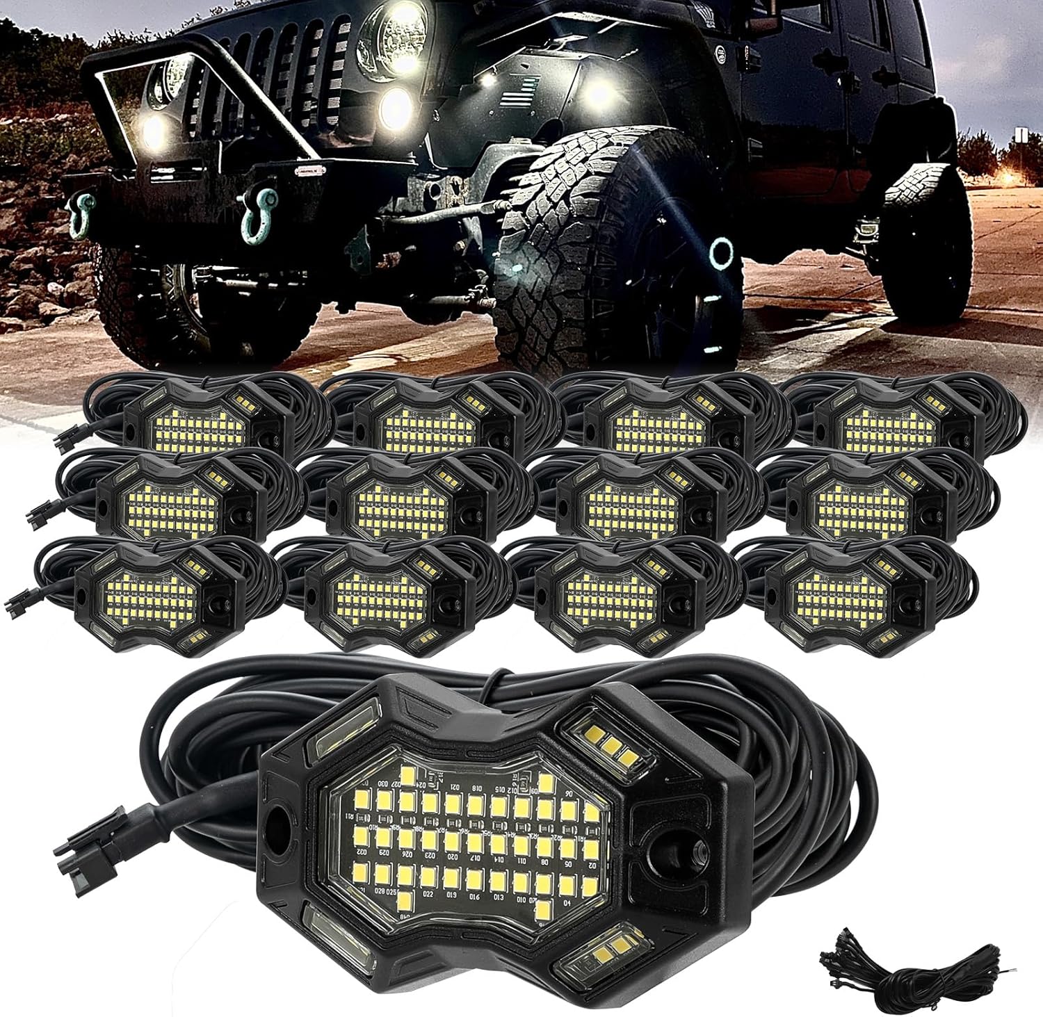 SUNPIE 8 Pods Magnetic White Rock Lights – Wide Beam Angle, Quick Connect, 49 High Power Chips, 4M Extension Wires, 6000K Pure White, IP67, Fits Trucks, SUV, ATV, UTV, Trailer, Boats