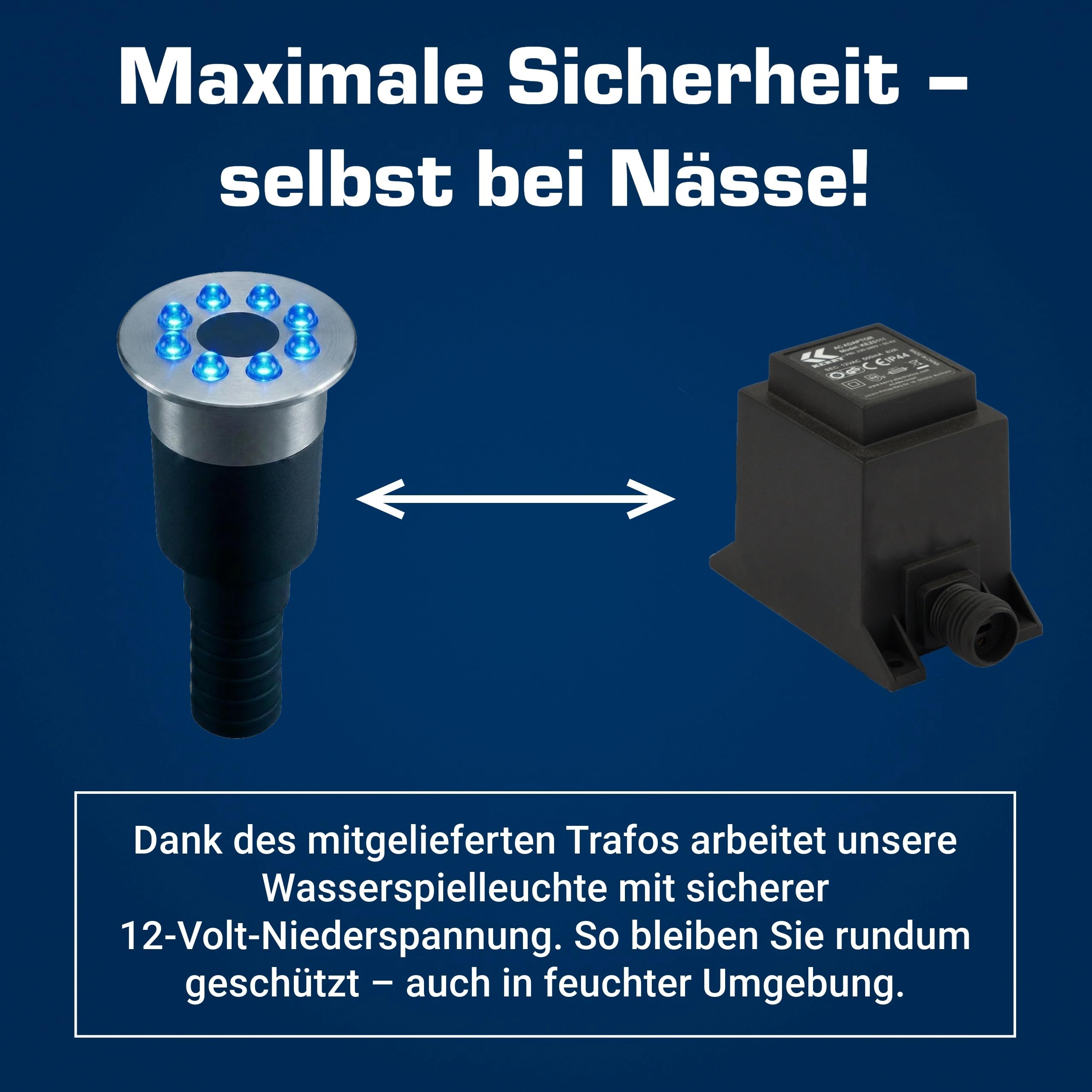 Kerry Electronics Wasserspielleuchte blau, inkl. Trafo, 0,6 Watt, IP68, 12V, 103 LUX, 650 cm Kabel, 8 LED, LED Ring Brunnen, Wasserspielbeleuchtung | Unterwasserlicht | Unterwasserstrahler