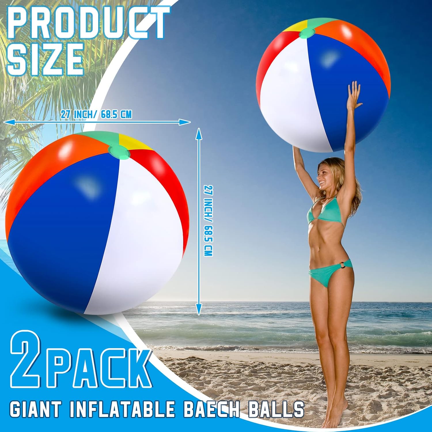 27 Inch Rainbow Beach Balls Giant Inflatable Large Pool Beach Balls Inflatable Swimming Pool Toys for Summer Water Games(2 Pcs)