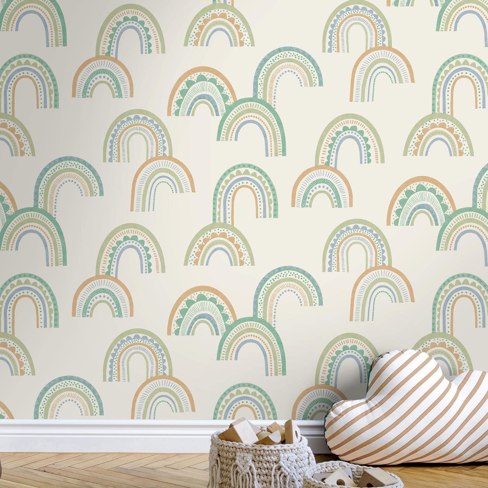 Holden Boho Rainbow Wallpaper Kids Nursery Green/Teal/Cream 13283