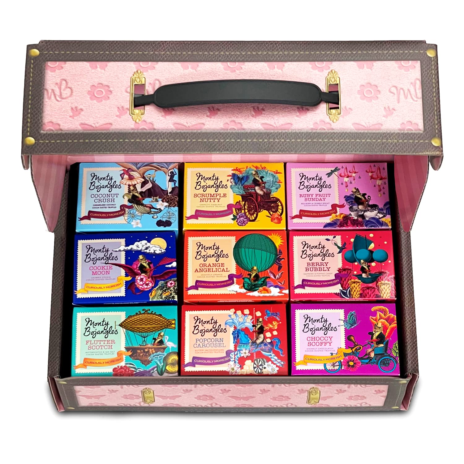 Monty Bojangles Chocolate Truffle Trunk Gift Hamper | Sortiment von kakobestäubten Schokoladentrüffeln | mit 9 Geschenkboxen und Geschmacksvariationen | Pink, 900 g (9 x 100 g Geschenkpackungen)