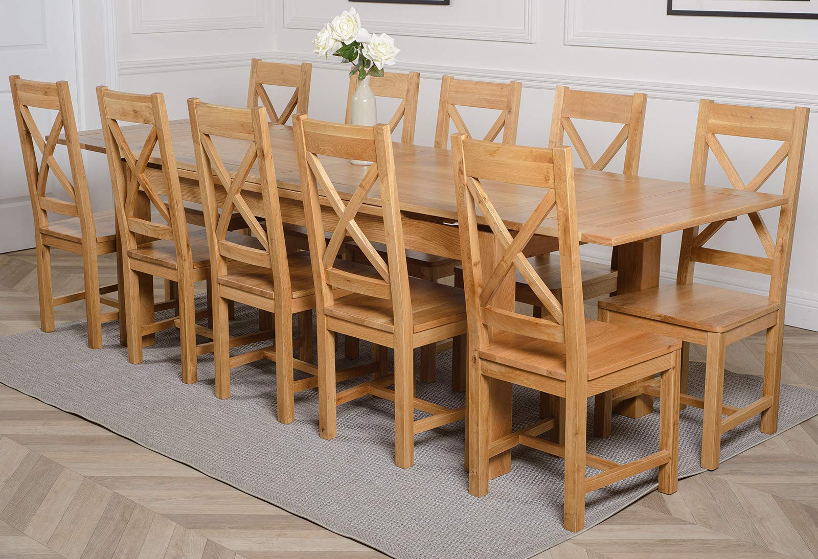 OAK FURNITURE KING Richmond 200cm - 280cm Large Oak Extending Dining Table and 10 Chairs Dining Set with Berkeley Oak Chairs