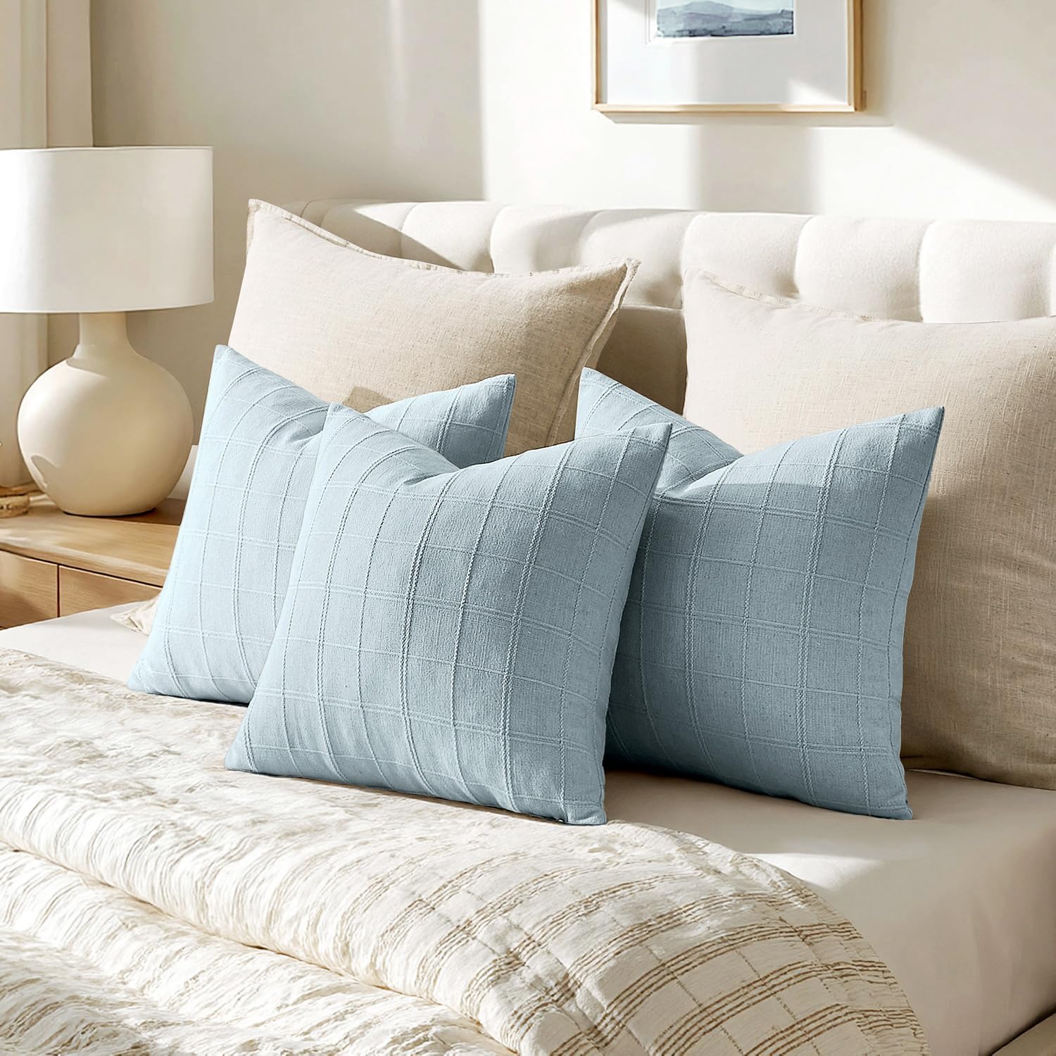 Woaboy Linen Check Throw Pillow Covers Light Blue Farmhouse Modern Boho Vintage Coastal 22x22 Inch Set of 2 Decorative Cushion Covers for Sofa Couch Bedroom Living Room Home Decor