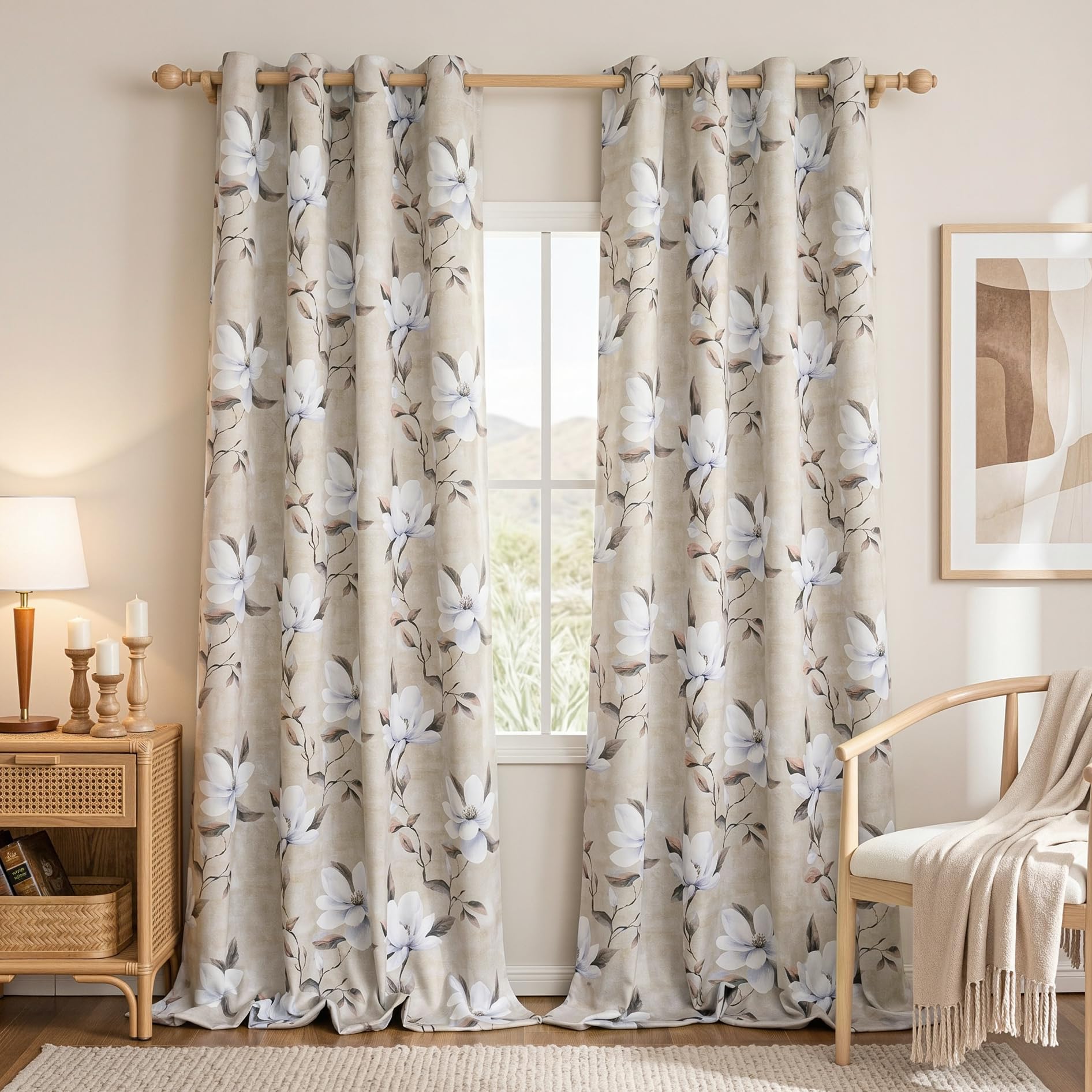 MYSKY HOME Floral Boho 95% Blackout Curtains 96 Inches Long 2 Panels Khaki