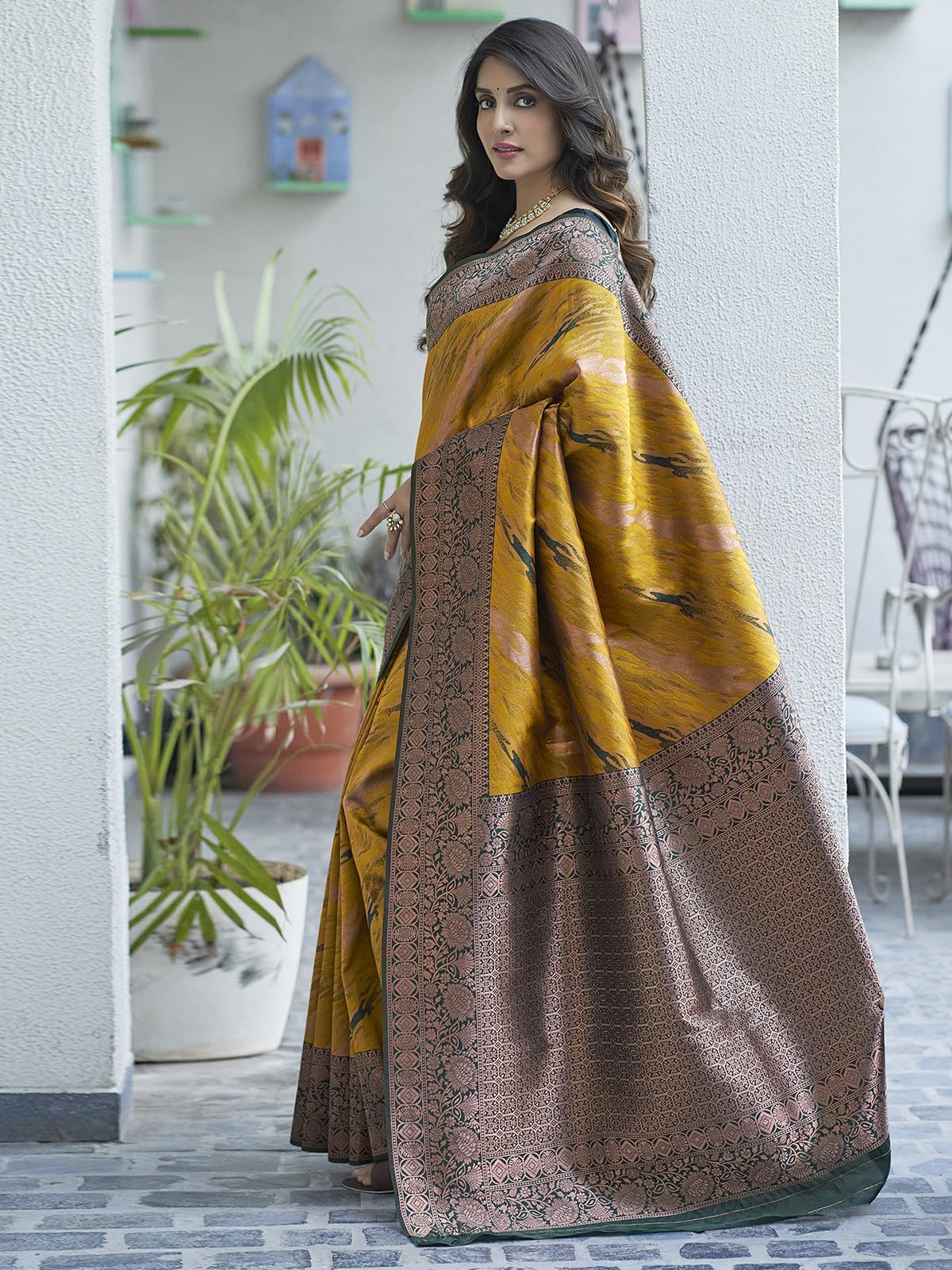 Satrani Women's Banarasi Jacquard Kanjivaram Silk Blend Saree With Unstitched Blouse Piece (3756S165N_Yellow & Dark Green)