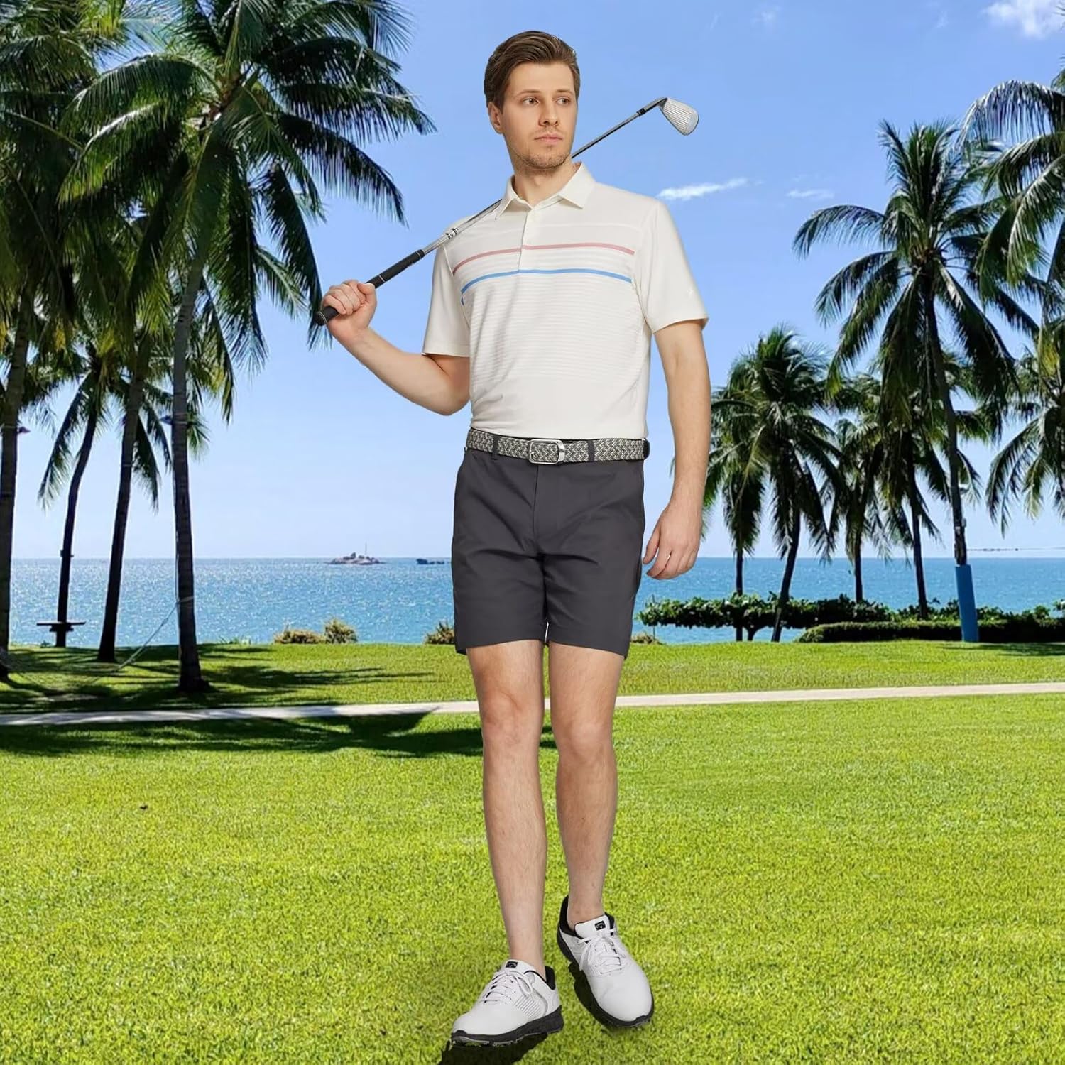 Rouen Mens Polo Shirts Short Sleeve Dry Fit Lightweight Performance Casual Athletic Striped Print Golf Shirts for Men Large Cream image 2 of 5 B0CQLJ54SF