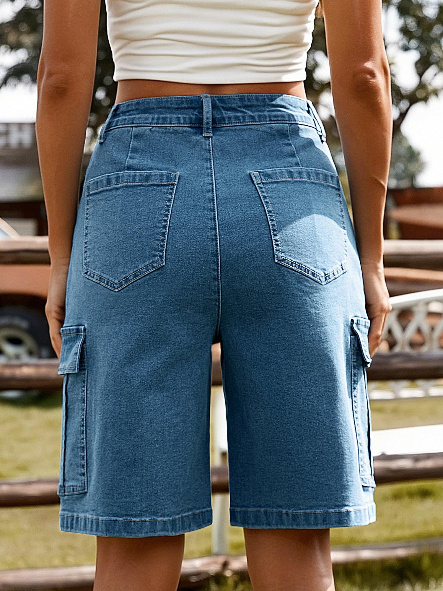 StylSense Kurze Hose Damen Sommer Bermuda Cargo Jeans Shorts Baumwolle Hohe Taille mit Elastischem Bund und 6 Taschen