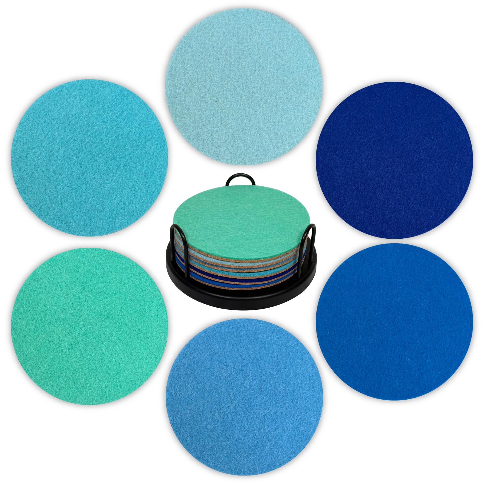 Liberatech Ocean 6Pc Ocean Felt Coasters Set Of 6, Round Absorbent Drink Coasters, Non-Slip Cork Backing, Removable Holder (Ocean 6Pc)