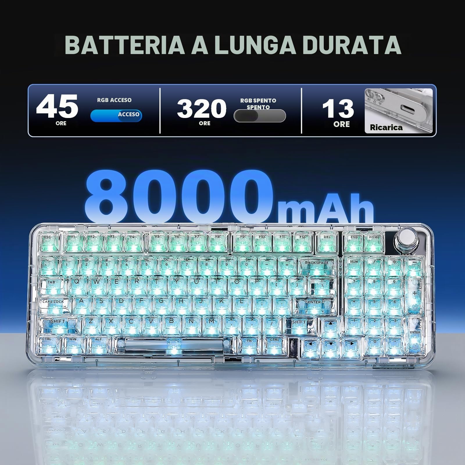 YUNZII X98 Tastiera Meccanica Wireless da Gioco con Manopola, Tri-mode BT5.0/2,4 Ghz/USB-C, Interruttore Prelubrificato, Guarnizione di Montaggio RGB Retroilluminata per Win/Mac (Bianco, Snow Switch)